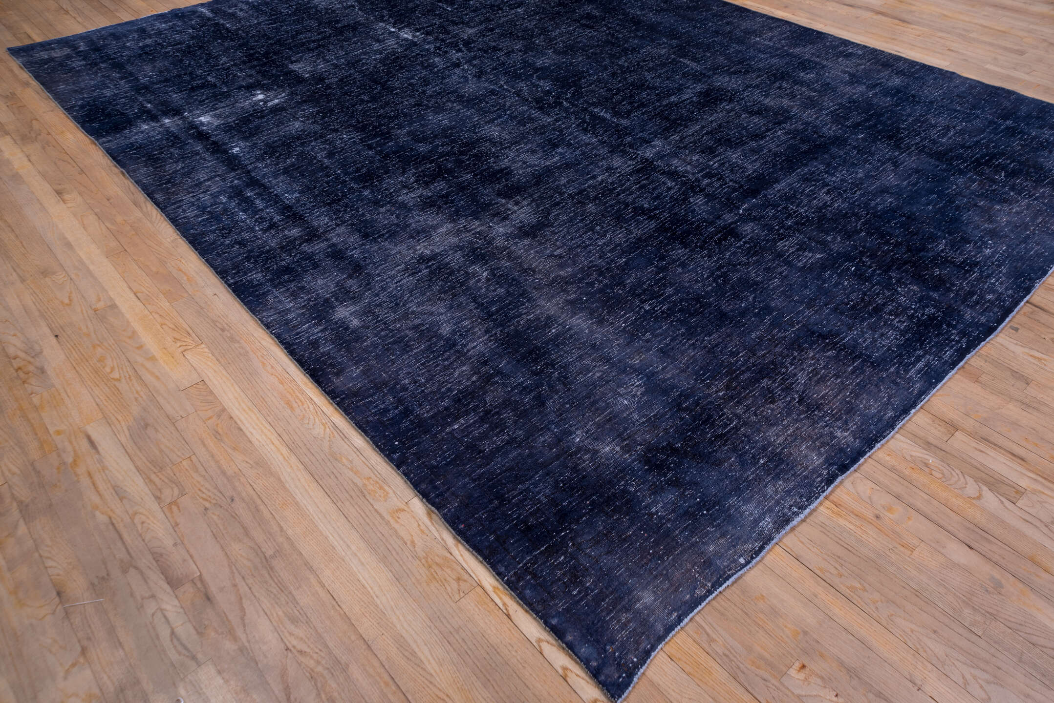 9' x 13' one-of-a-kind handmade vintage Overdyed large size rug. Color palette: indigo, navy, slate, charcoal, ivory, purple