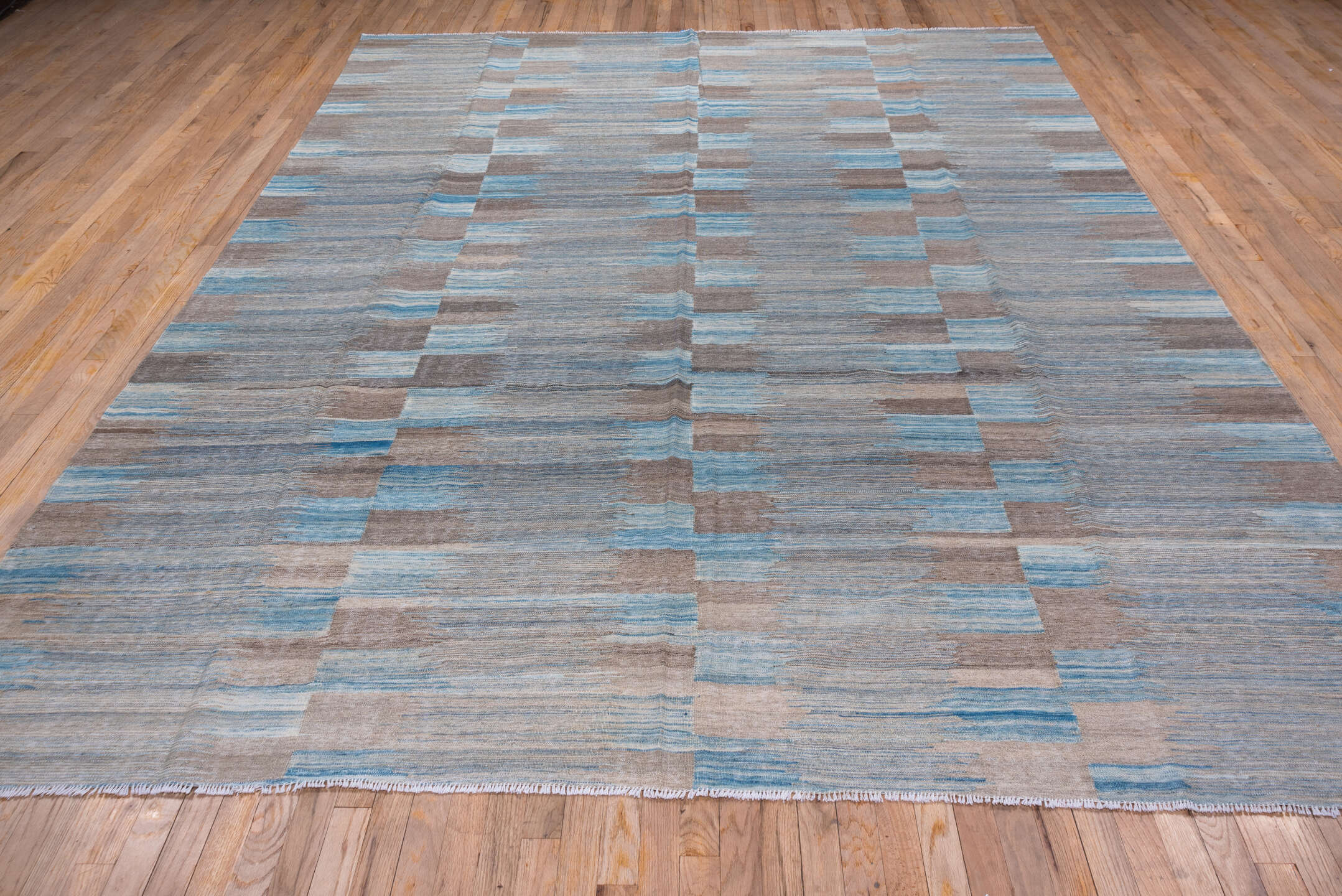8' x 11' one-of-a-kind handmade vintage Kilim large size rug. Color palette: taupe, sky blue, gray, ivory, beige, light blue