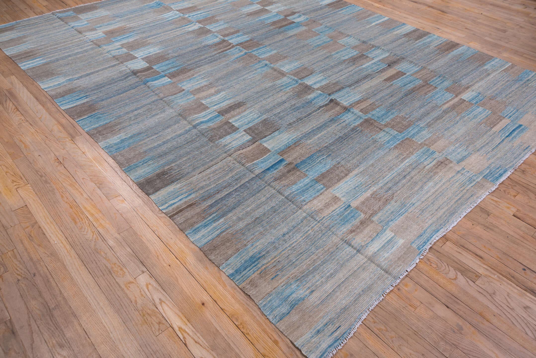 8' x 11' one-of-a-kind handmade vintage Kilim large size rug. Color palette: taupe, sky blue, gray, ivory, beige, light blue