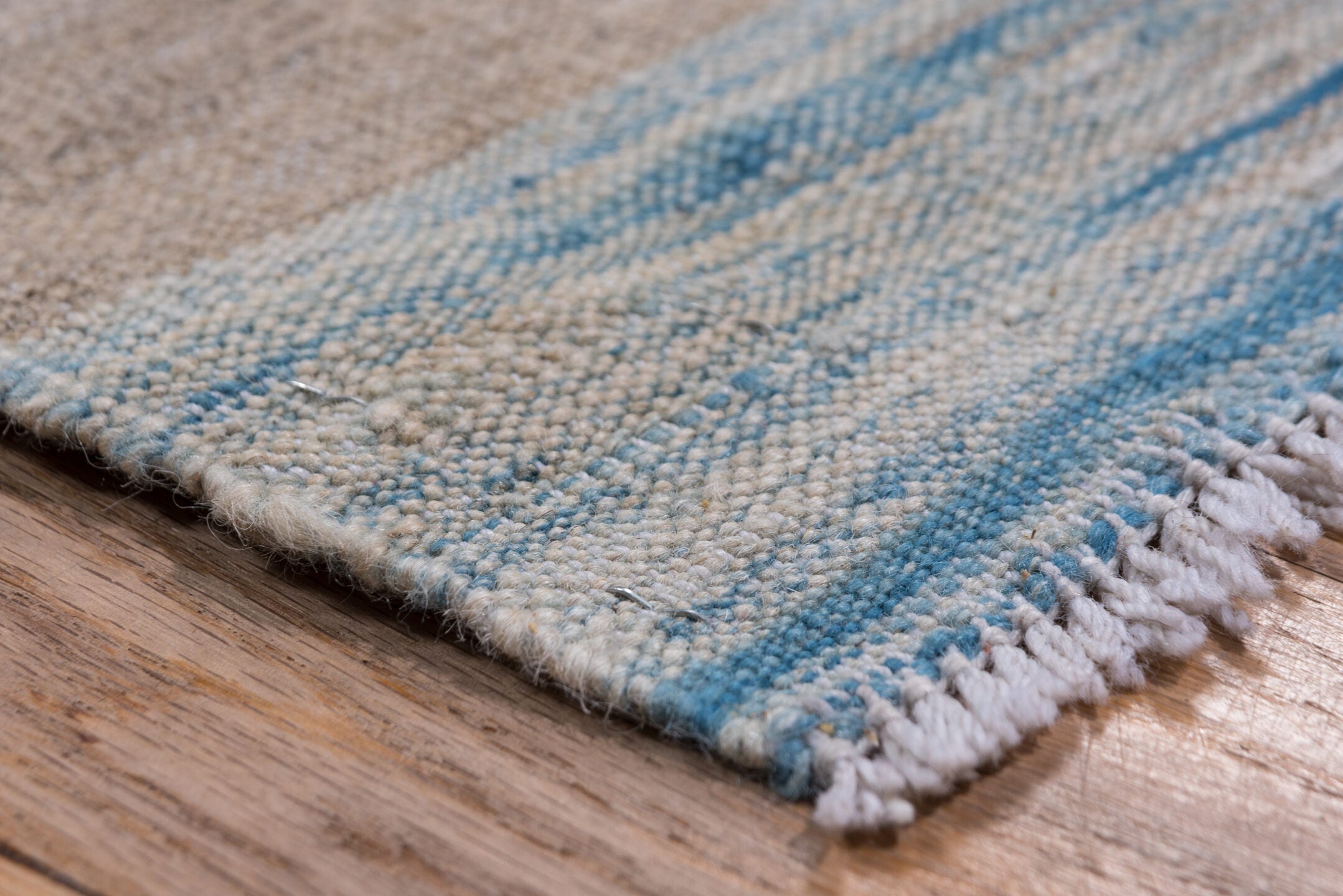 8' x 11' one-of-a-kind handmade vintage Kilim large size rug. Color palette: taupe, sky blue, gray, ivory, beige, light blue