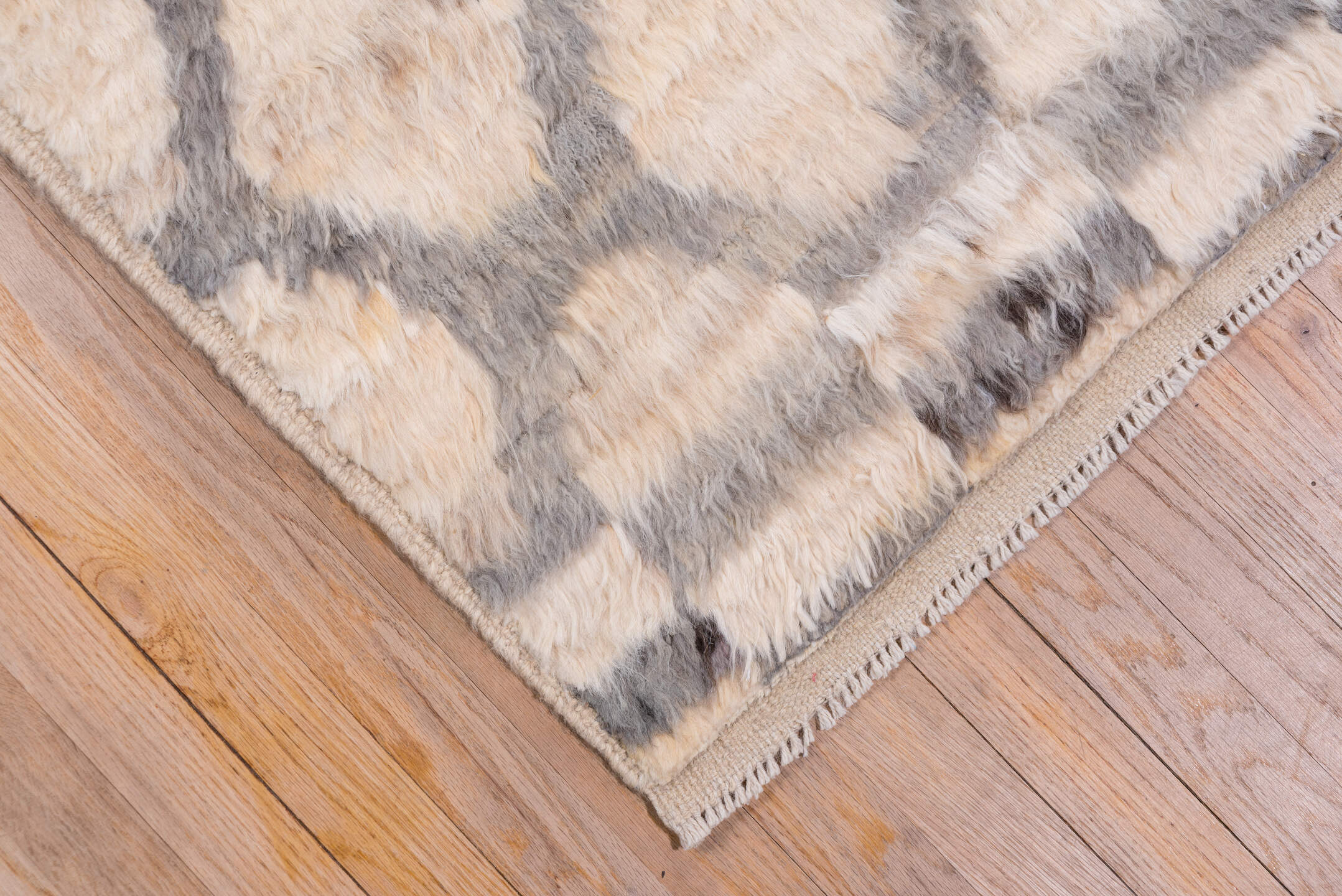 8' x 11' one-of-a-kind handmade vintage Moroccan large size rug. Color palette: ivory, gray, cream, taupe, charcoal, beige