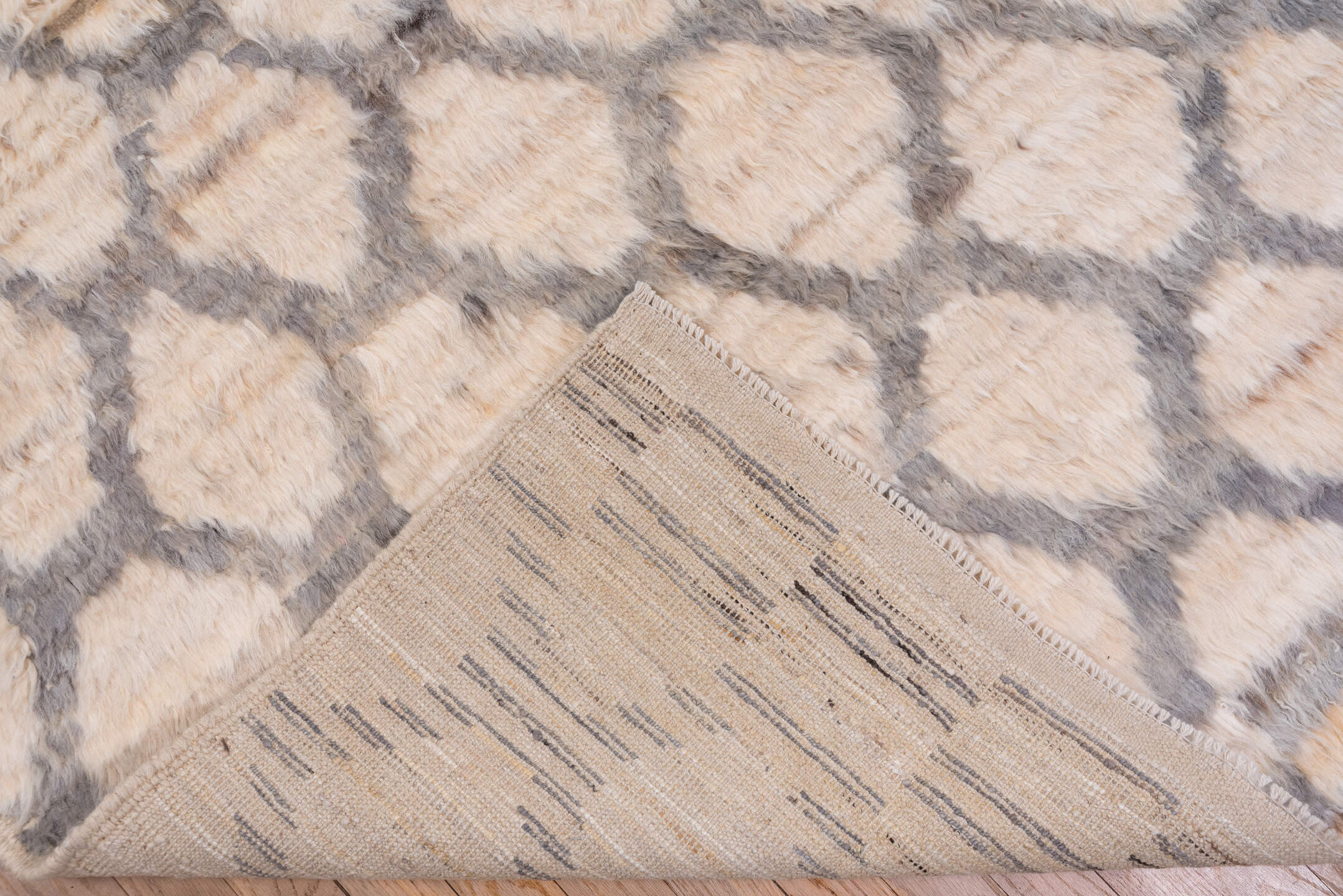 8' x 11' one-of-a-kind handmade vintage Moroccan large size rug. Color palette: ivory, gray, cream, taupe, charcoal, beige