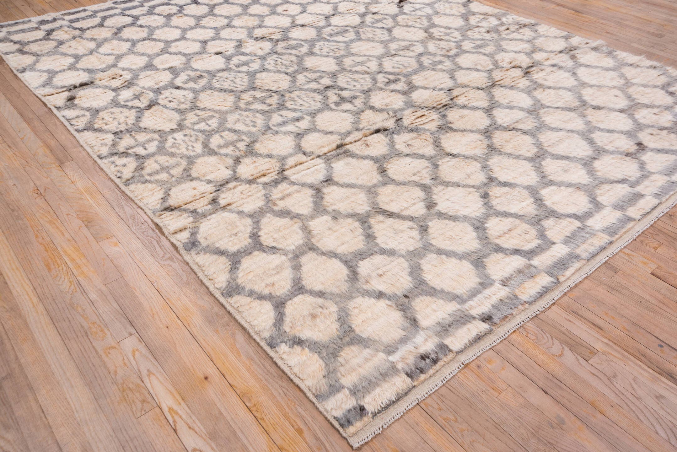 8' x 11' one-of-a-kind handmade vintage Moroccan large size rug. Color palette: ivory, gray, cream, taupe, charcoal, beige
