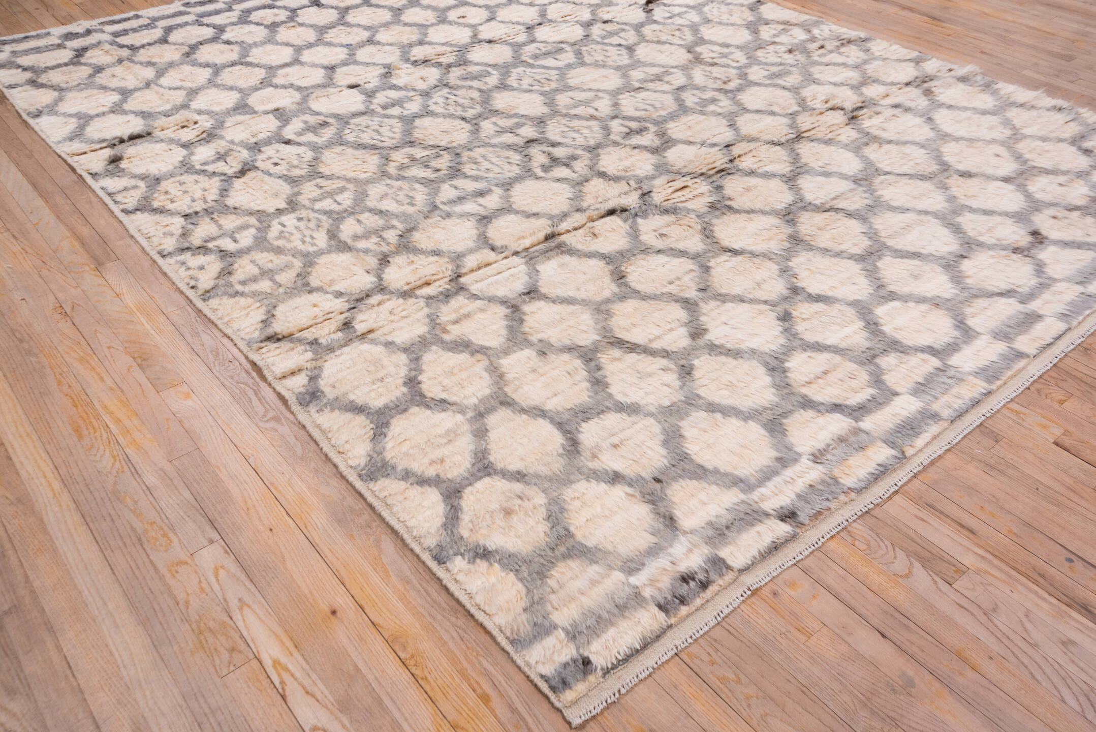 8' x 11' one-of-a-kind handmade vintage Moroccan large size rug. Color palette: ivory, gray, cream, taupe, charcoal, beige