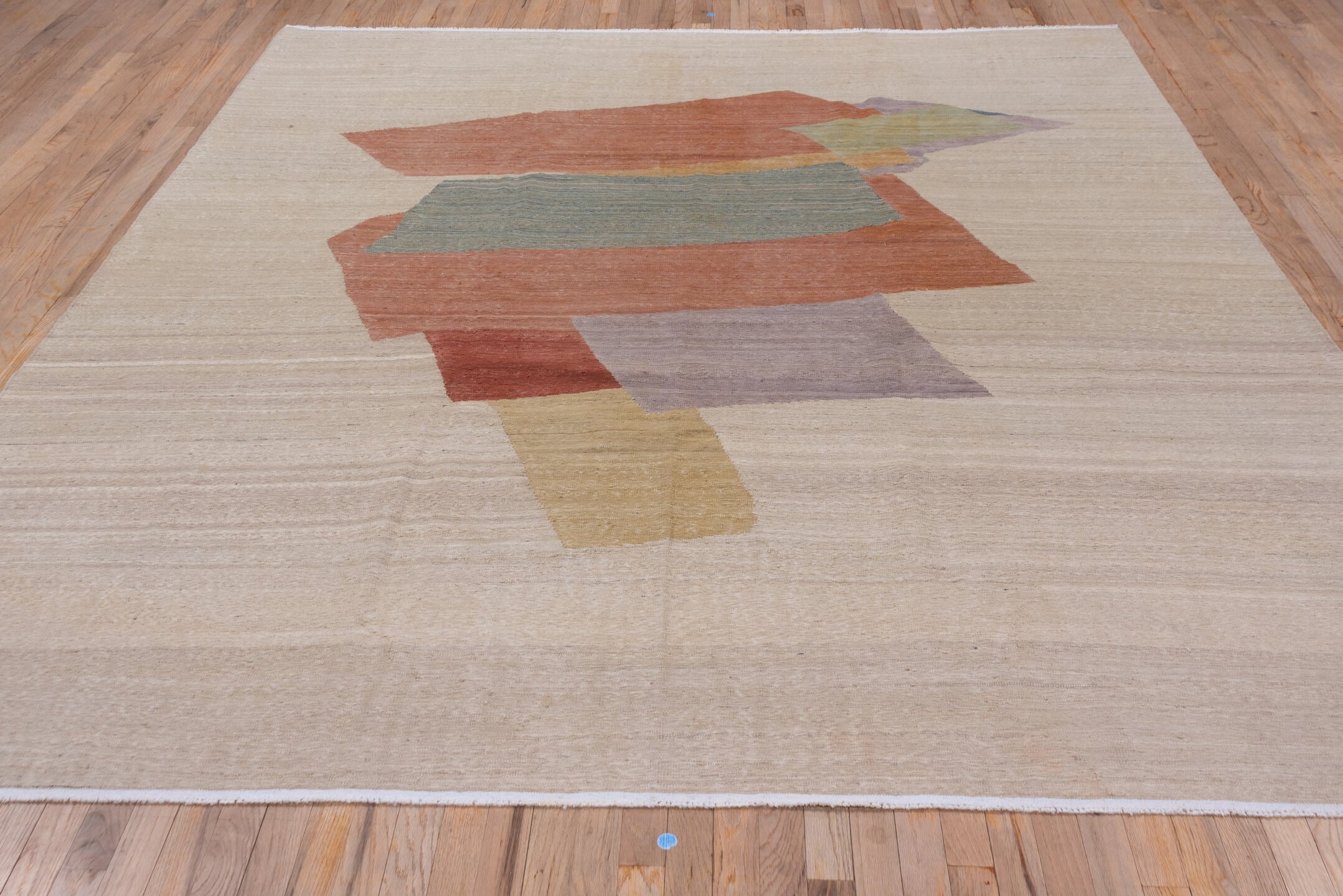 8' x 9' one-of-a-kind handmade vintage Kilim rug. Color palette: ivory, rust, sage, lavender, gold, brick, taupe, terracotta