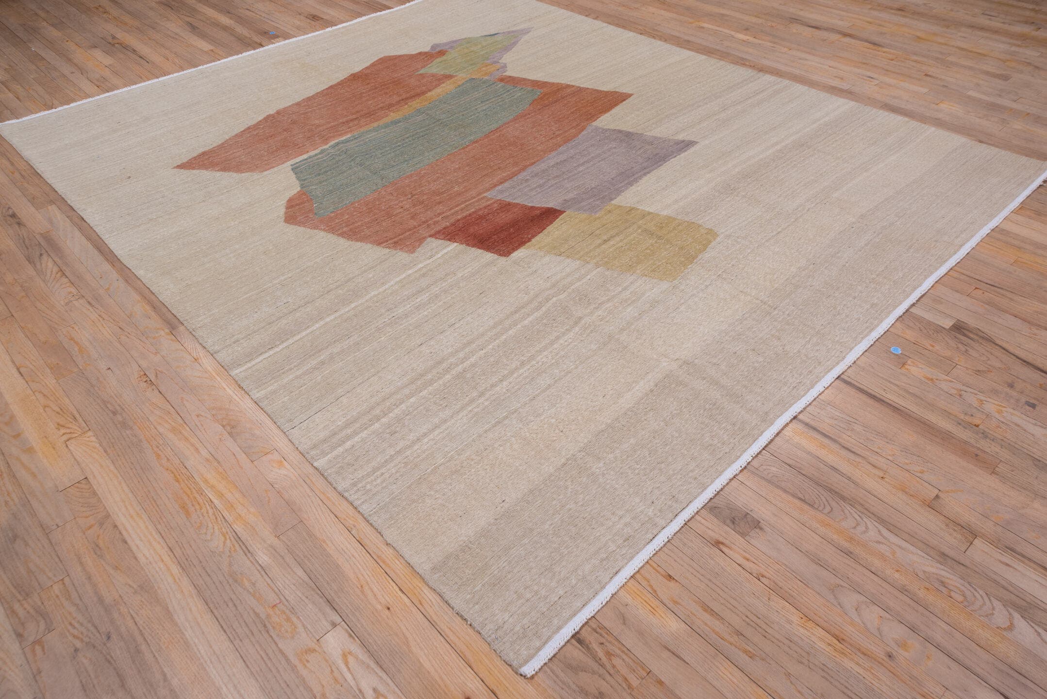 8' x 9' one-of-a-kind handmade vintage Kilim rug. Color palette: ivory, rust, sage, lavender, gold, brick, taupe, terracotta