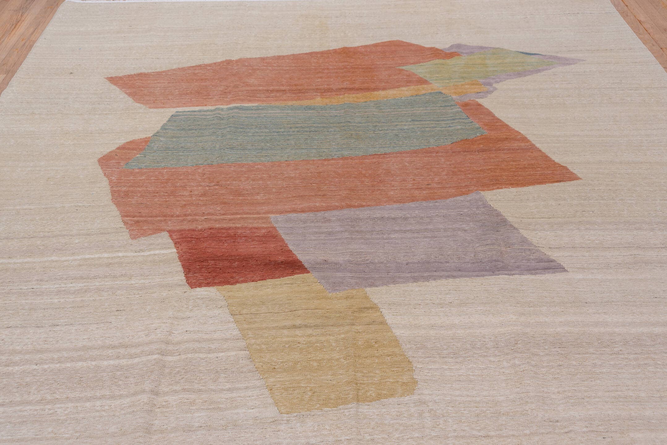 8' x 9' one-of-a-kind handmade vintage Kilim rug. Color palette: ivory, rust, sage, lavender, gold, brick, taupe, terracotta