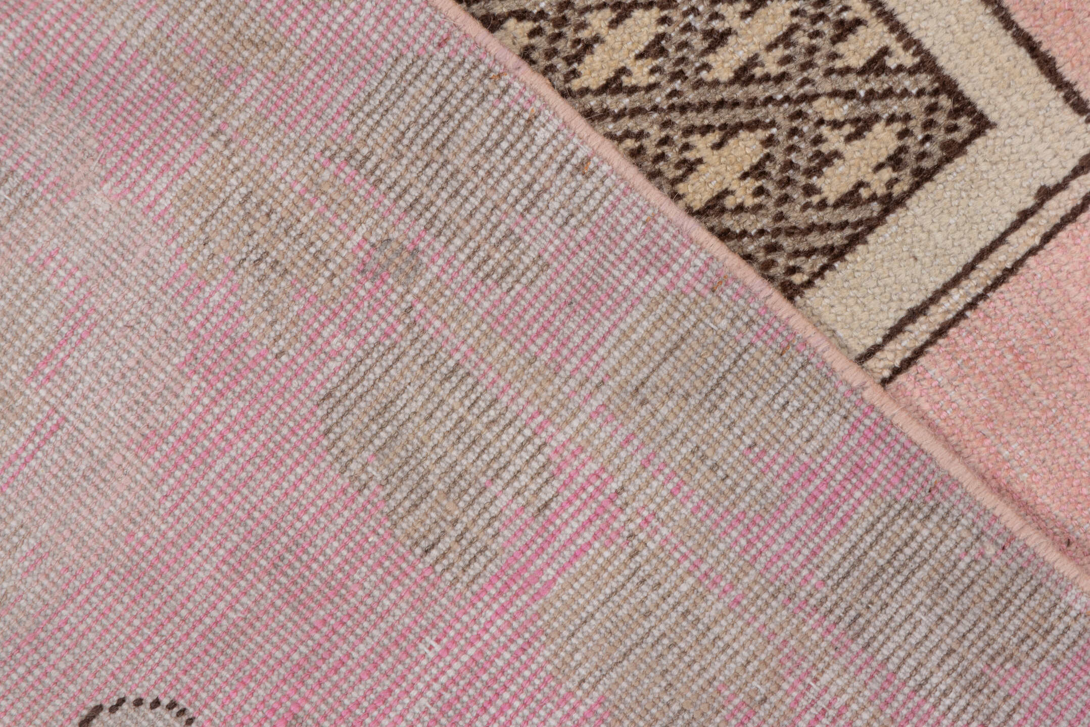 4' x 7' one-of-a-kind handmade vintage Khotan rug. Color palette: brown, gray, light gray, off-white, pink, snow, white