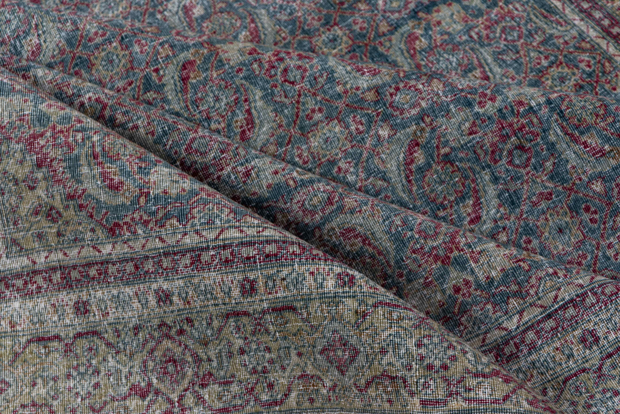4' x 6' one-of-a-kind handmade antique Tabriz small size rug. Color palette: blue, sage, burgundy, ivory, taupe, rose