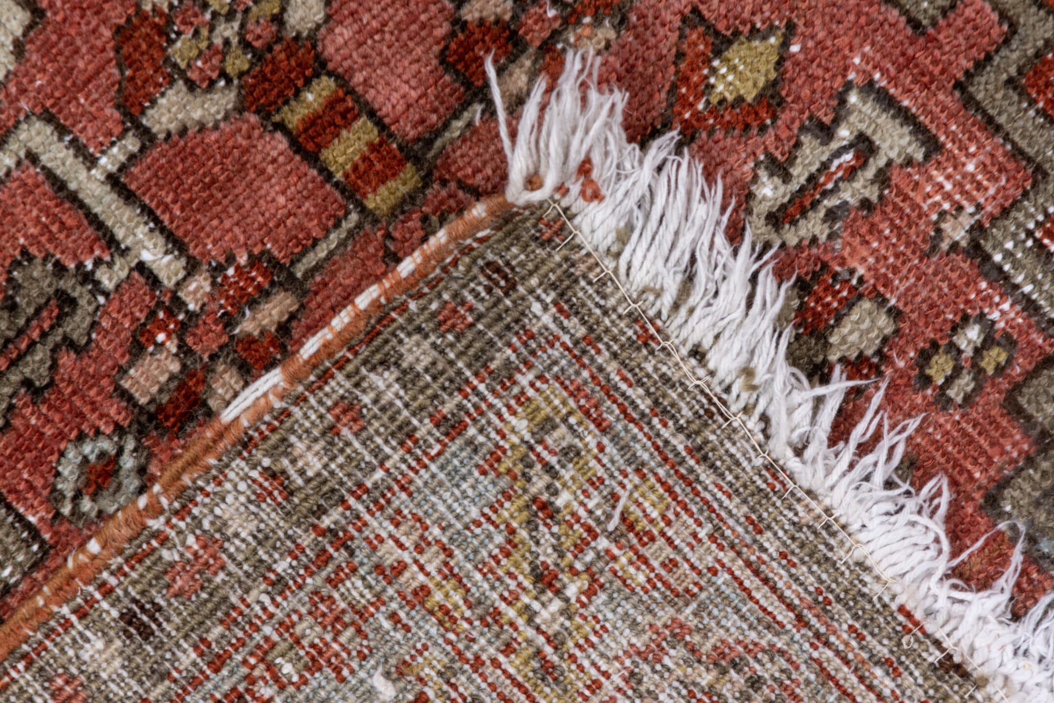 3' x 5' one-of-a-kind handmade antique Heriz small size rug. Color palette: rose, rust, ivory, taupe, brown, terracotta