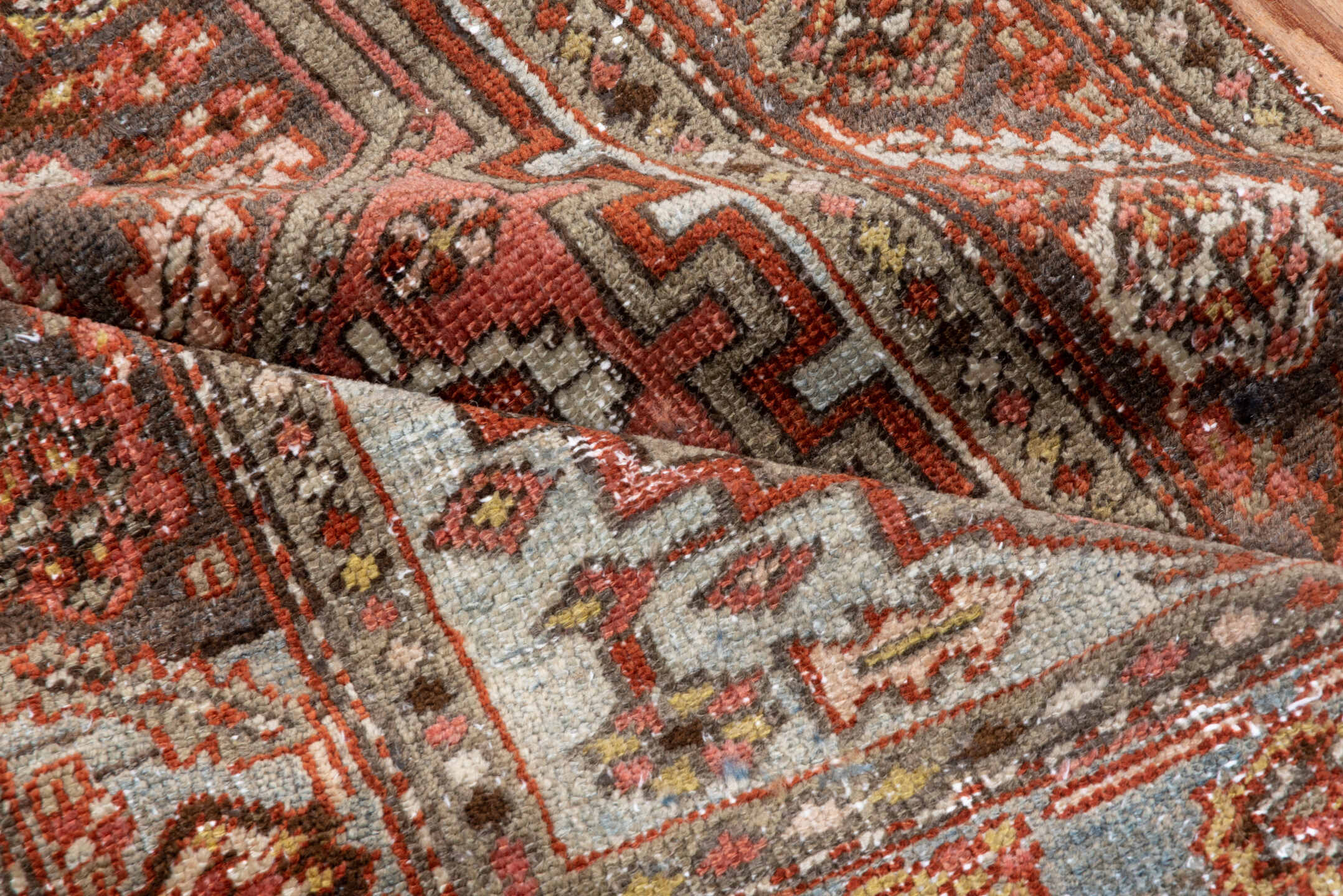 3' x 5' one-of-a-kind handmade antique Heriz small size rug. Color palette: rose, rust, ivory, taupe, brown, terracotta
