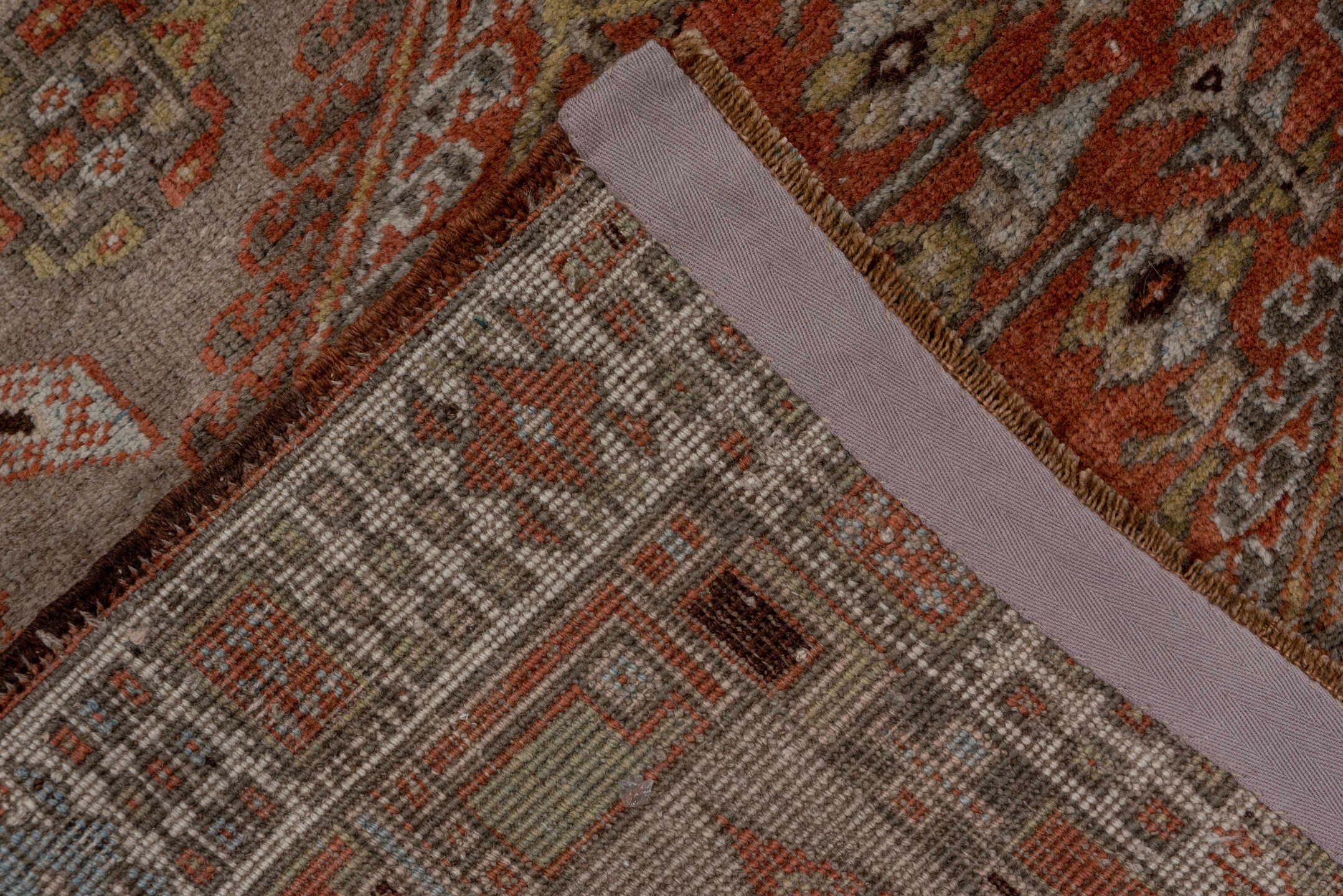2' x 10' one-of-a-kind handmade antique Sarab runner rug. Color palette: taupe, rust, ivory, brown, pale blue, camel, beige