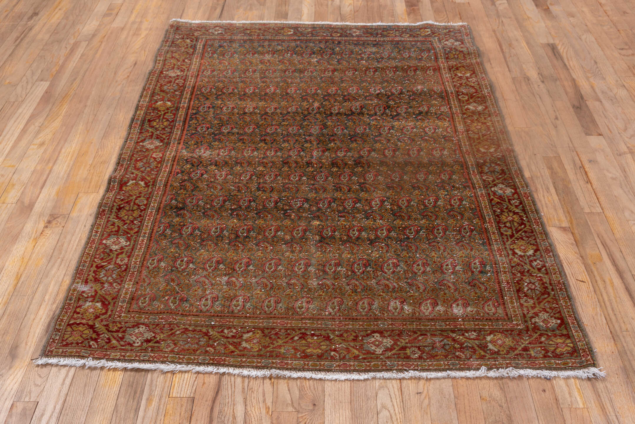 4' x 6' one-of-a-kind handmade antique Sarouk small size rug. Color palette: rust, brick, gold, ivory, navy, camel, brown