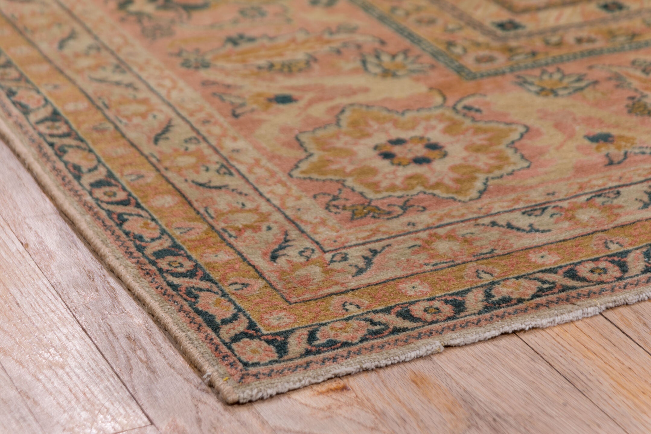 8' x 12' one-of-a-kind handmade antique Sivas large size rug. Color palette: ivory, salmon, taupe, dusty rose, sage, gold