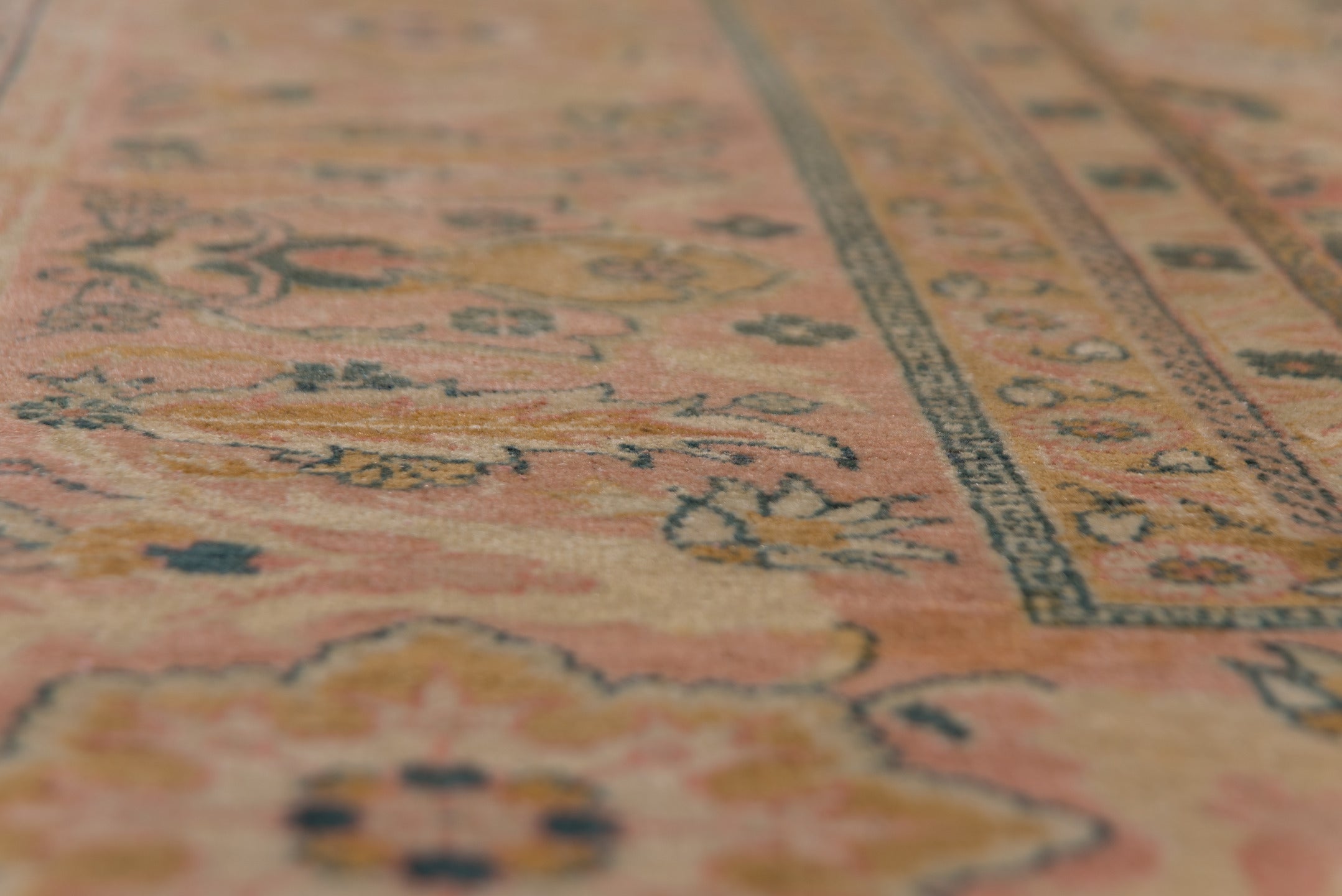 8' x 12' one-of-a-kind handmade antique Sivas large size rug. Color palette: ivory, salmon, taupe, dusty rose, sage, gold