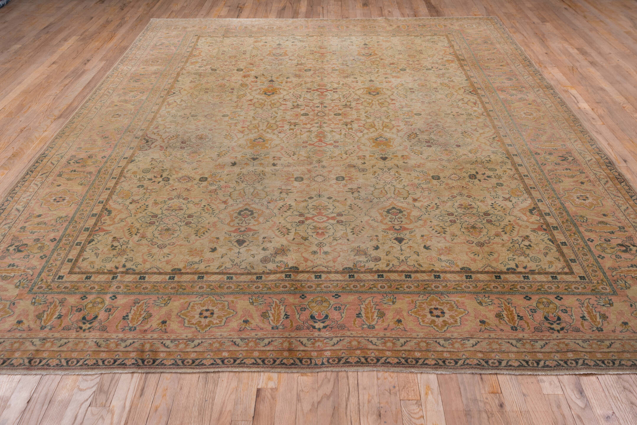 8' x 12' one-of-a-kind handmade antique Sivas large size rug. Color palette: ivory, salmon, taupe, dusty rose, sage, gold