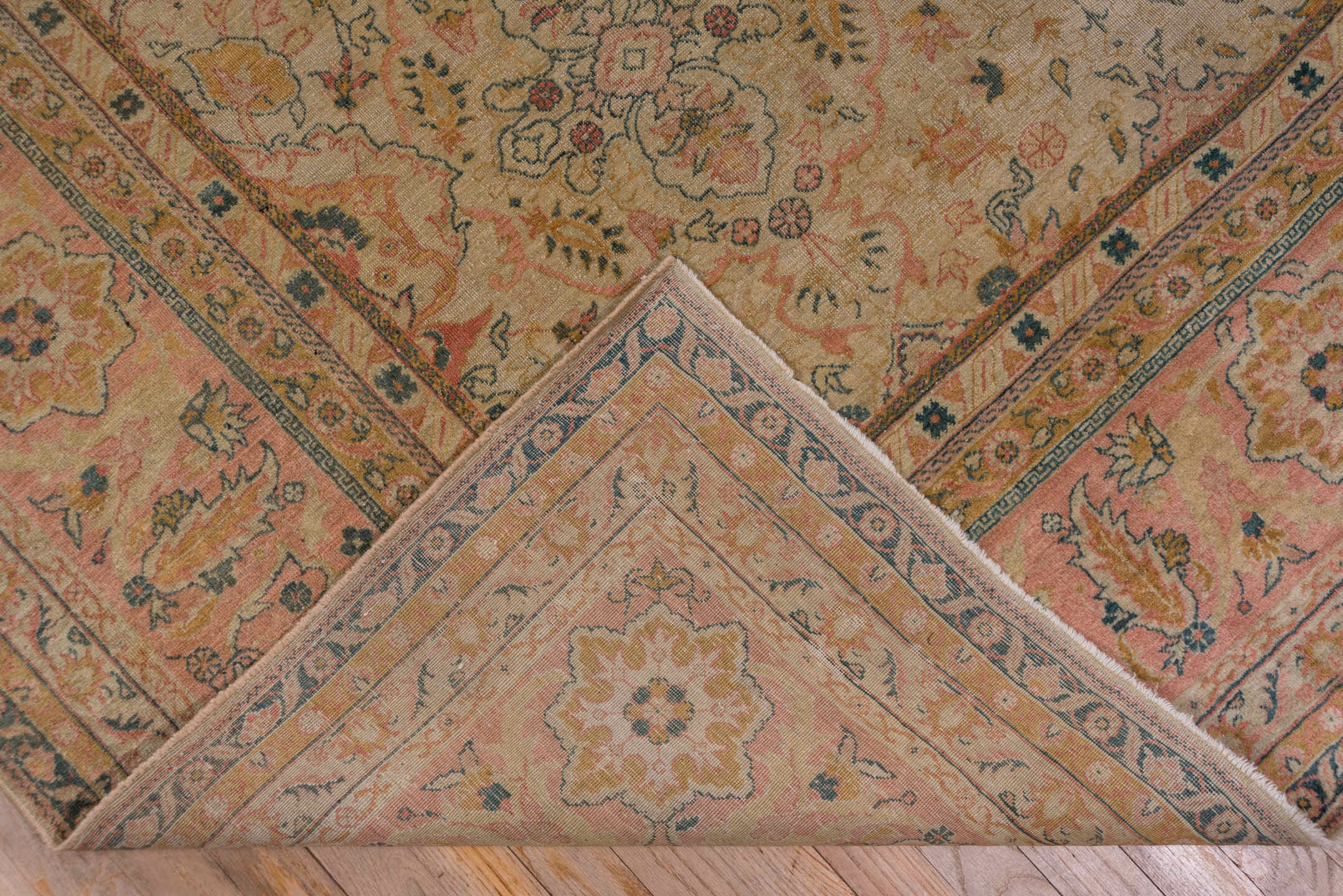 8' x 12' one-of-a-kind handmade antique Sivas large size rug. Color palette: ivory, salmon, taupe, dusty rose, sage, gold