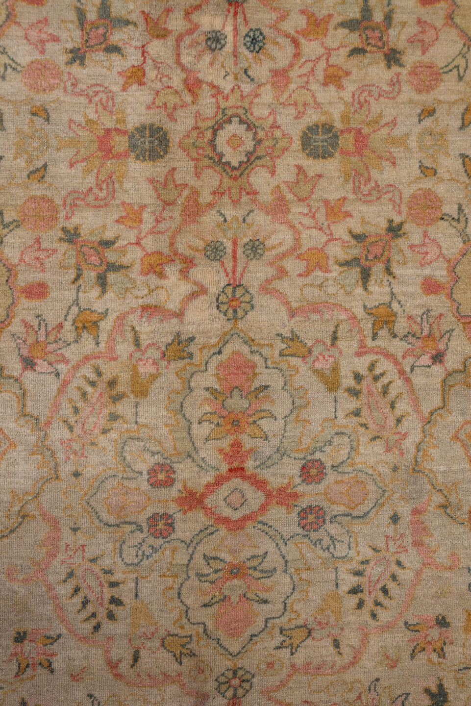 8' x 12' one-of-a-kind handmade antique Sivas large size rug. Color palette: ivory, salmon, taupe, dusty rose, sage, gold