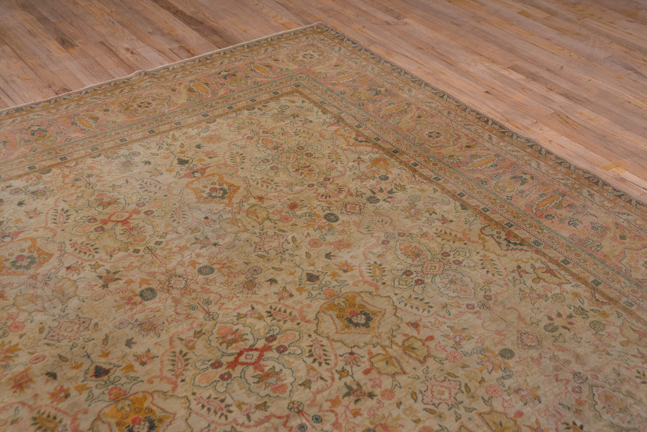 8' x 12' one-of-a-kind handmade antique Sivas large size rug. Color palette: ivory, salmon, taupe, dusty rose, sage, gold