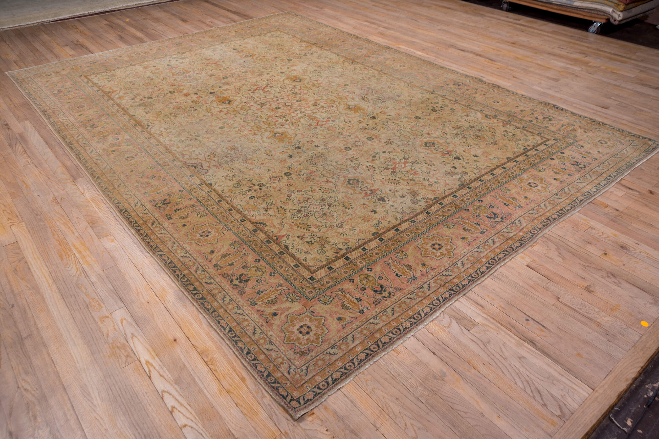 8' x 12' one-of-a-kind handmade antique Sivas large size rug. Color palette: ivory, salmon, taupe, dusty rose, sage, gold