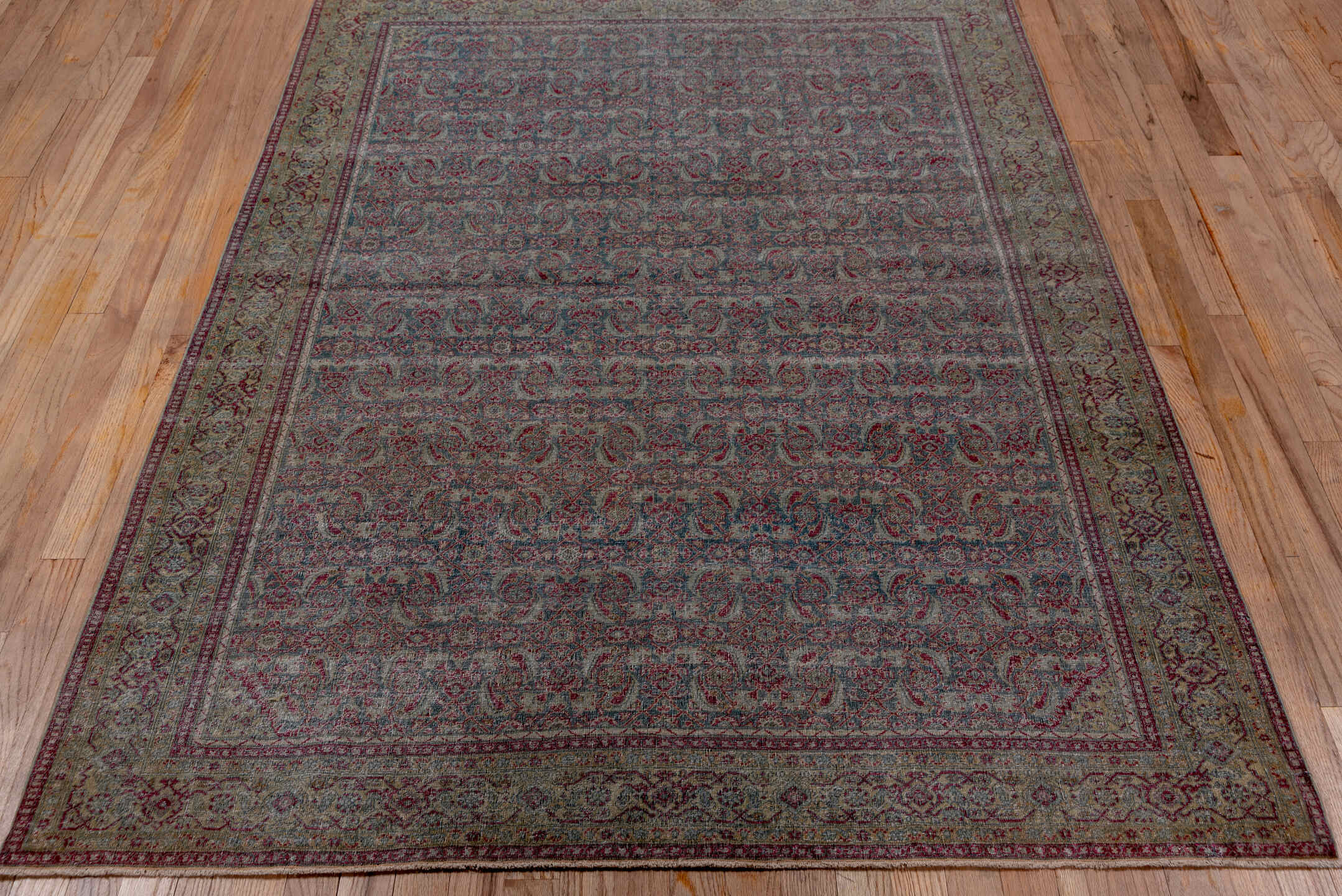 4' x 6' one-of-a-kind handmade antique Tabriz small size rug. Color palette: blue, taupe, burgundy, ivory, sage, rose, beige
