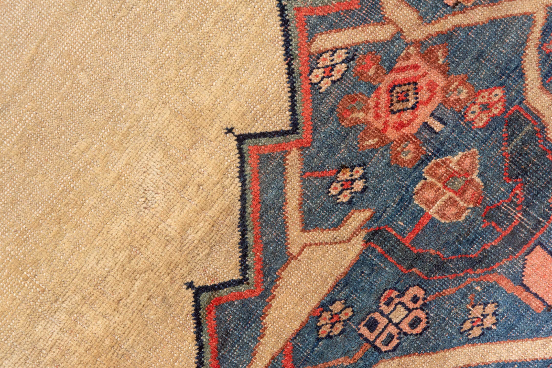 11' x 17' one-of-a-kind handmade antique Bidjar oversize rug. Color palette: ivory, rust, indigo, terracotta, navy, camel