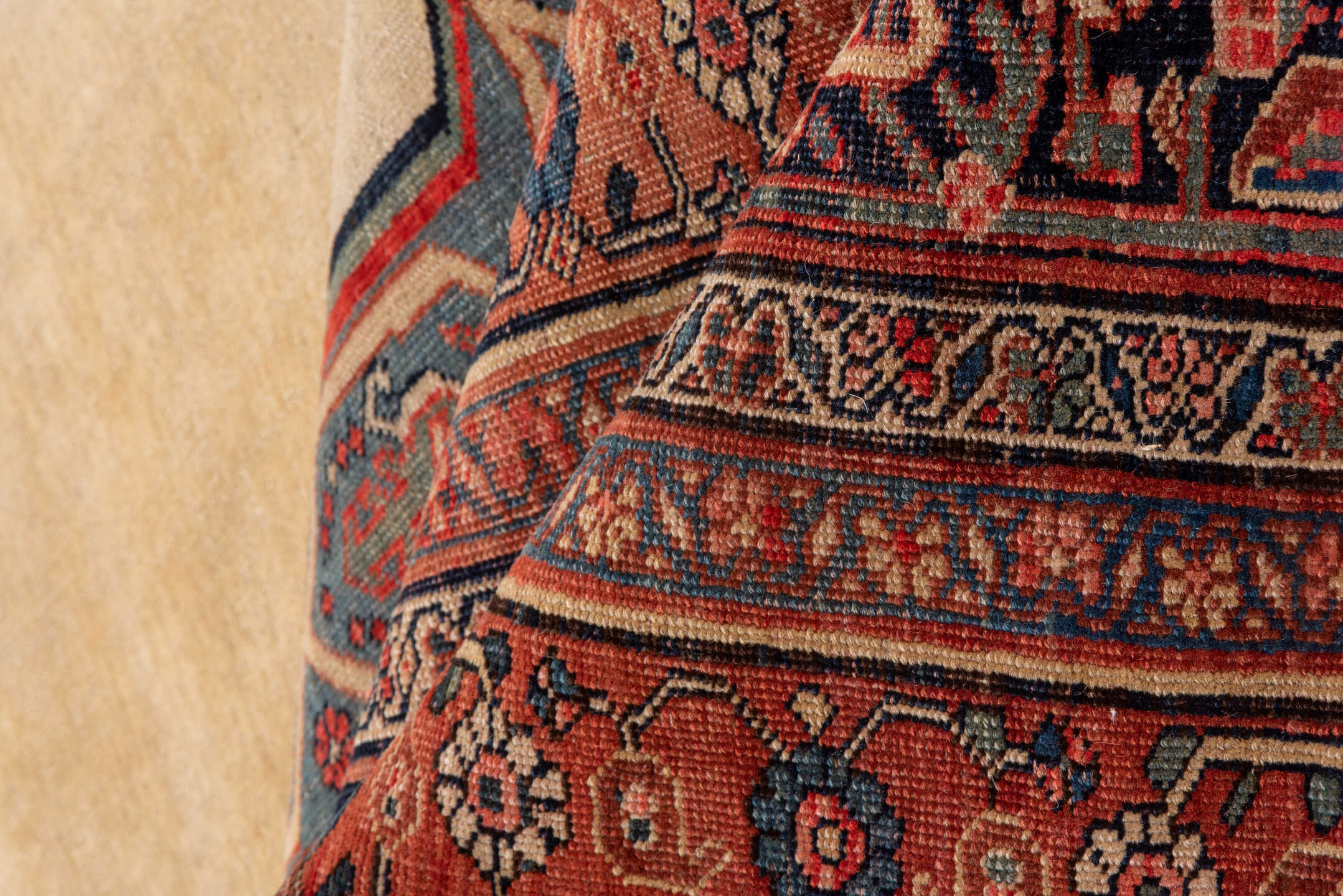 11' x 17' one-of-a-kind handmade antique Bidjar oversize rug. Color palette: ivory, rust, indigo, terracotta, navy, camel