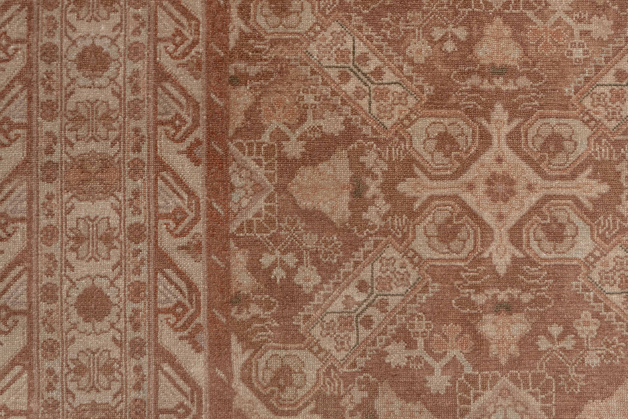 8' x 11' one-of-a-kind handmade antique Sivas large size rug. Color palette: terra cotta, camel, ivory, taupe, rose, sienna