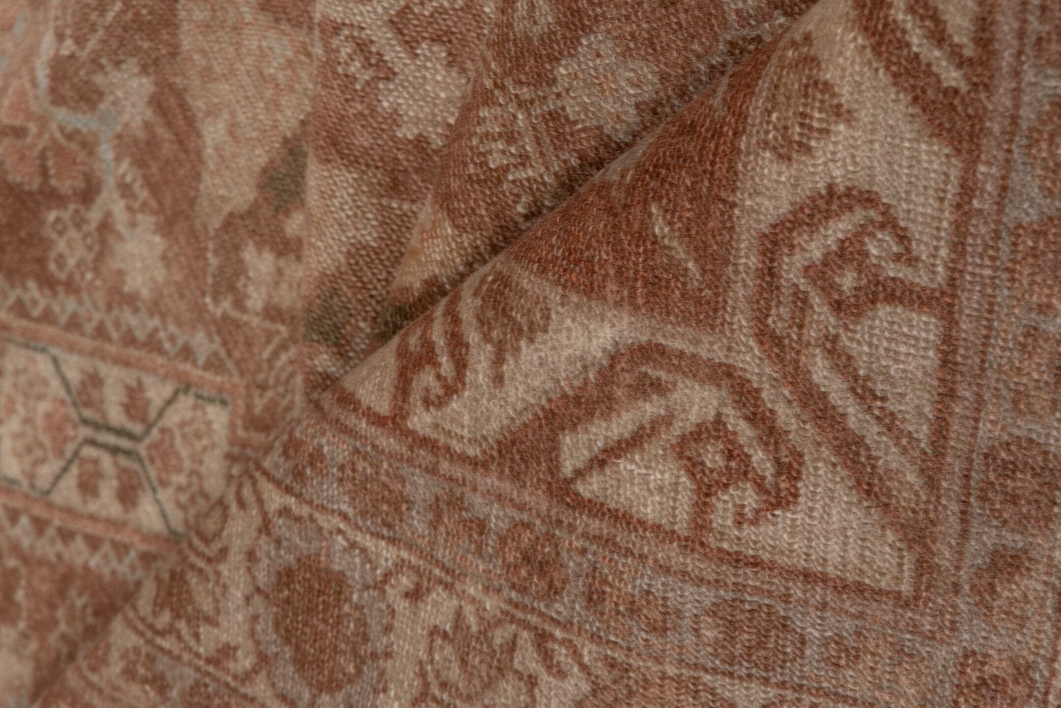8' x 11' one-of-a-kind handmade antique Sivas large size rug. Color palette: terra cotta, camel, ivory, taupe, rose, sienna