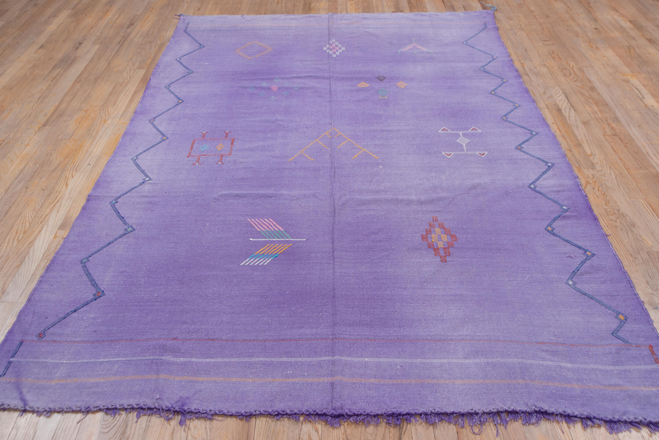 6' x 9' one-of-a-kind handmade vintage Cactus Kilim medium size rug. Color palette: violet, lavender, indigo, rose, saffron