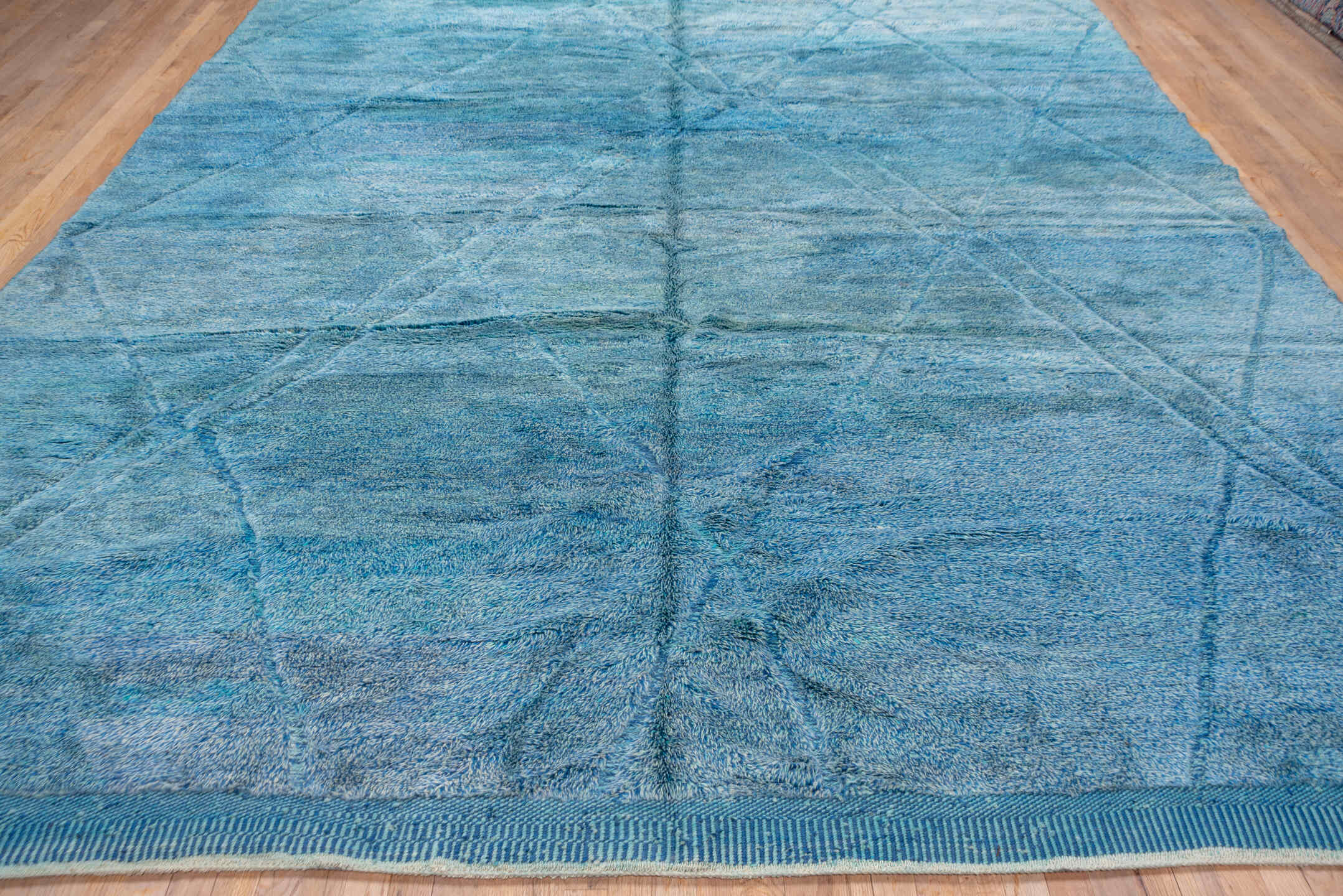 10' x 13' one-of-a-kind handmade vintage Moroccan large size rug. Color palette: arapawa, blue, dark gray, gray, light blue