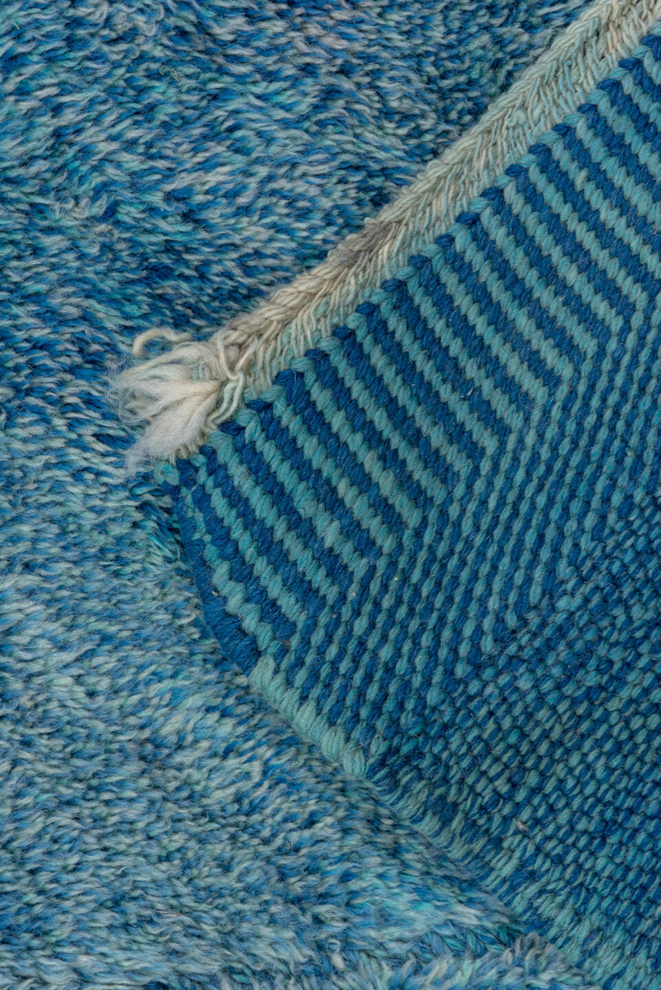 10' x 13' one-of-a-kind handmade vintage Moroccan large size rug. Color palette: arapawa, blue, dark gray, gray, light blue