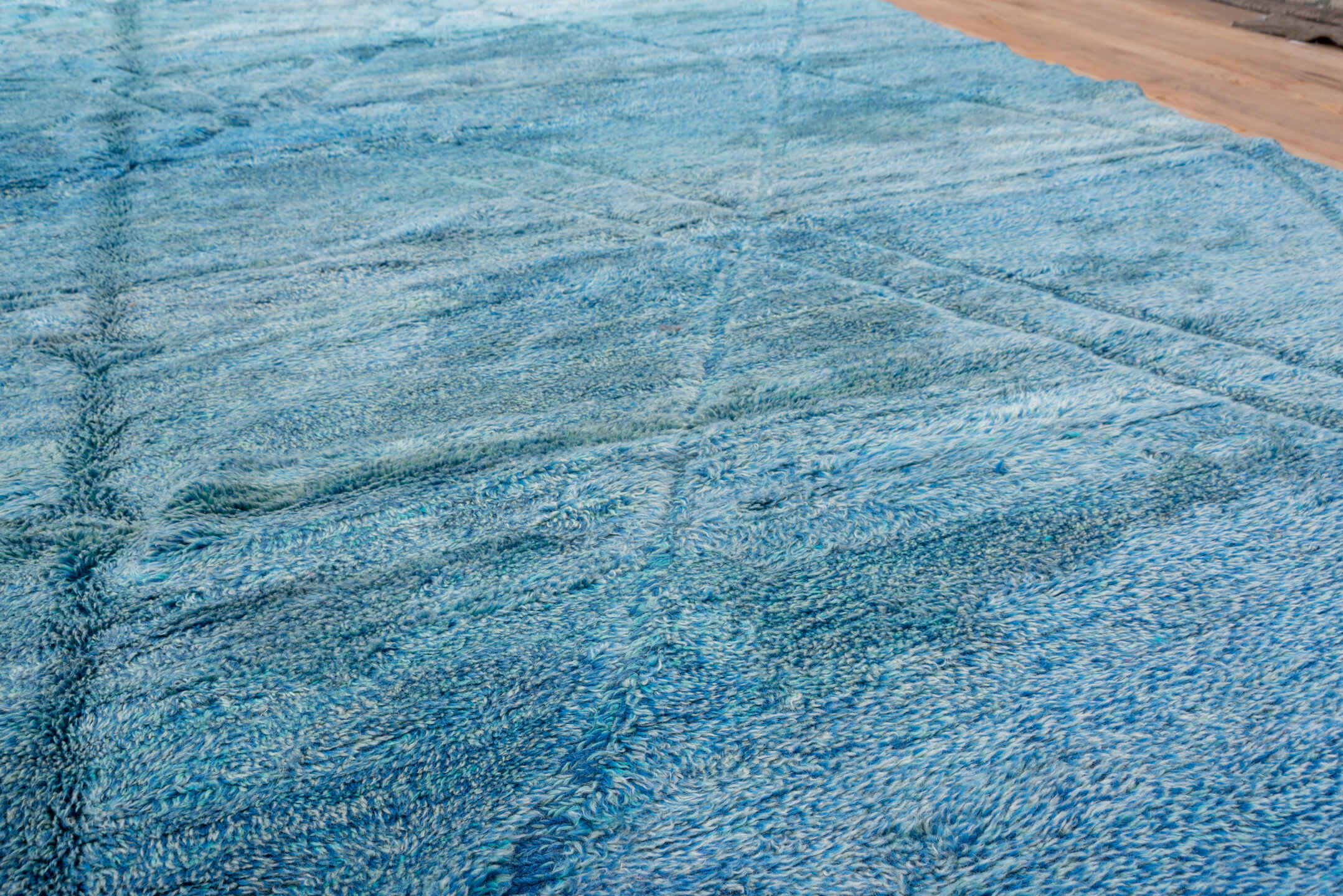 10' x 13' one-of-a-kind handmade vintage Moroccan large size rug. Color palette: arapawa, blue, dark gray, gray, light blue