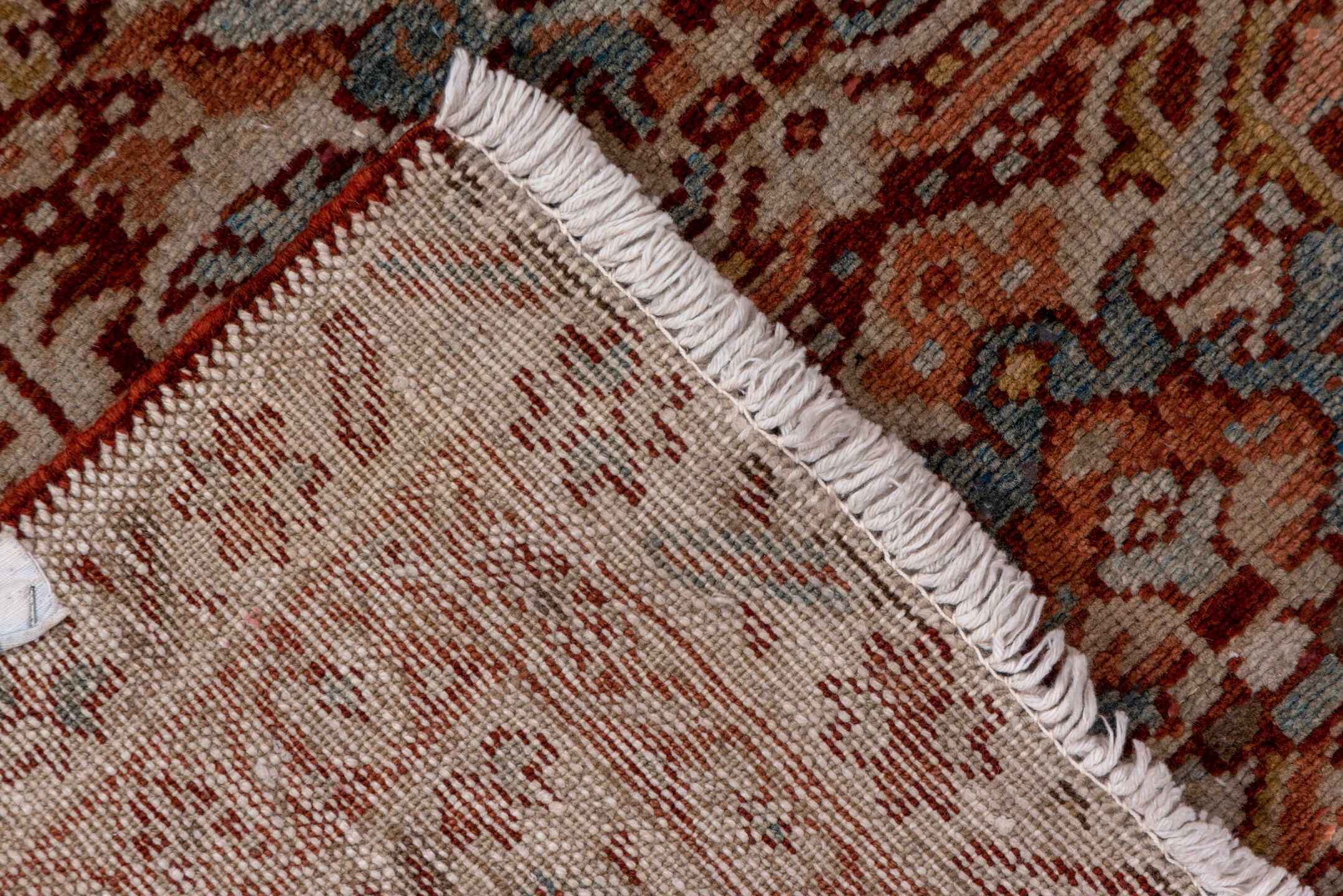 3' x 11' one-of-a-kind handmade antique Karaje runner rug. Color palette: rust, ivory, terra cotta, camel, brown, slate blue