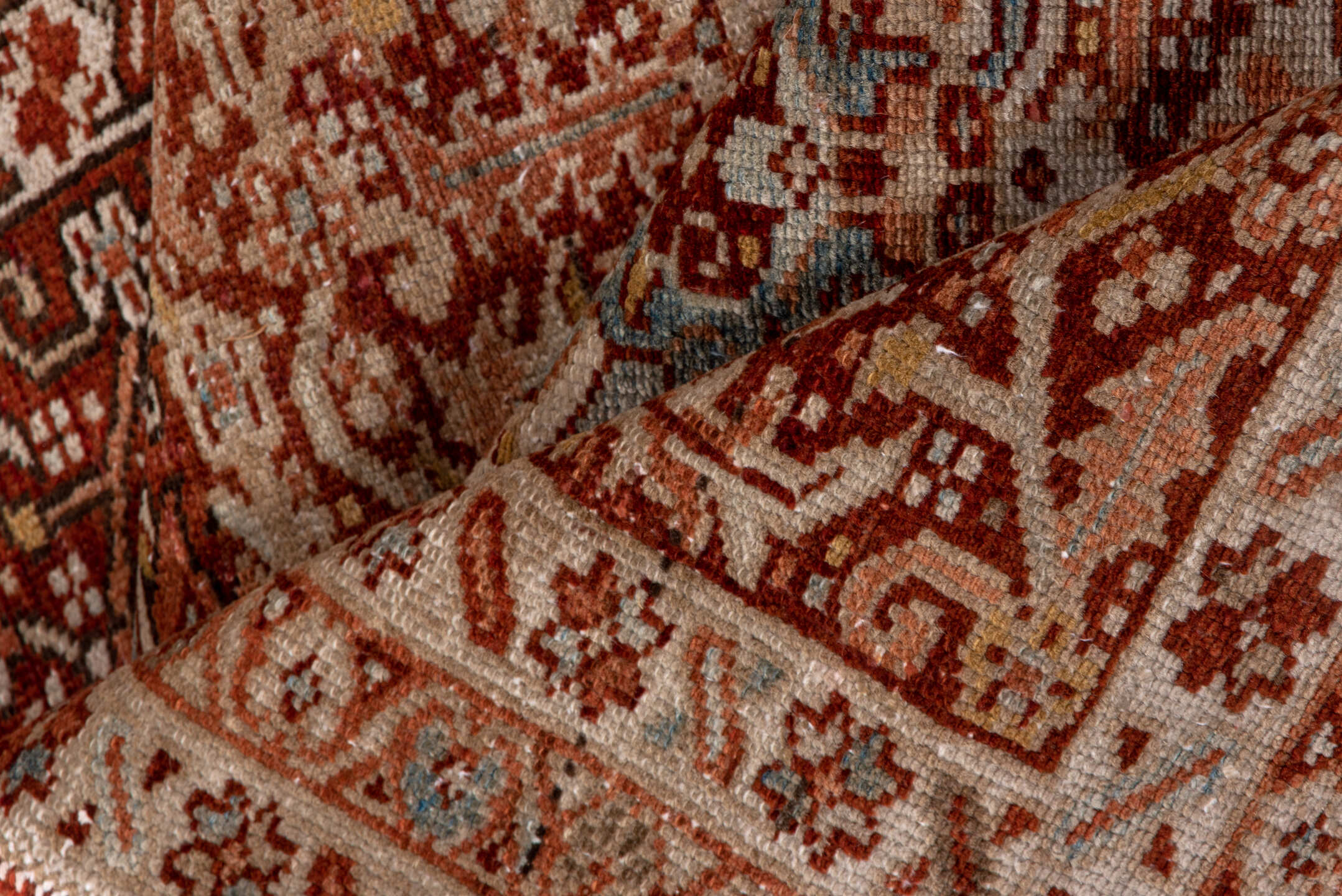 3' x 11' one-of-a-kind handmade antique Karaje runner rug. Color palette: rust, ivory, terra cotta, camel, brown, slate blue