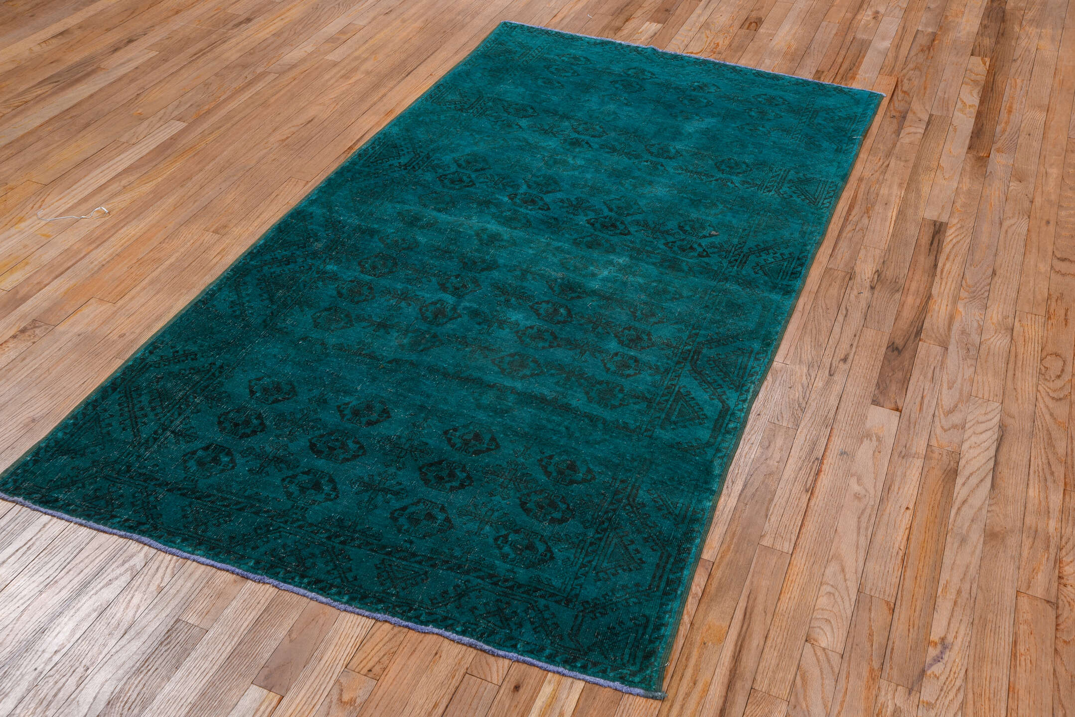 4' x 7' one-of-a-kind handmade vintage Overdyed rug. Color palette: blue, dark slate gray, gray, light gray, off-white