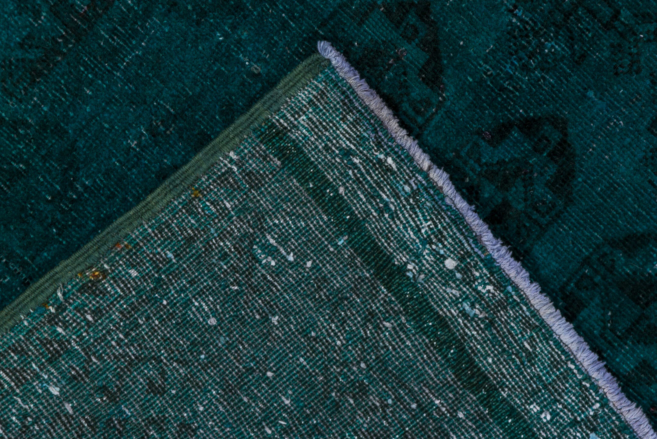 4' x 7' one-of-a-kind handmade antique Overdyed rug. Color palette: teal, peacock, charcoal, gray, black