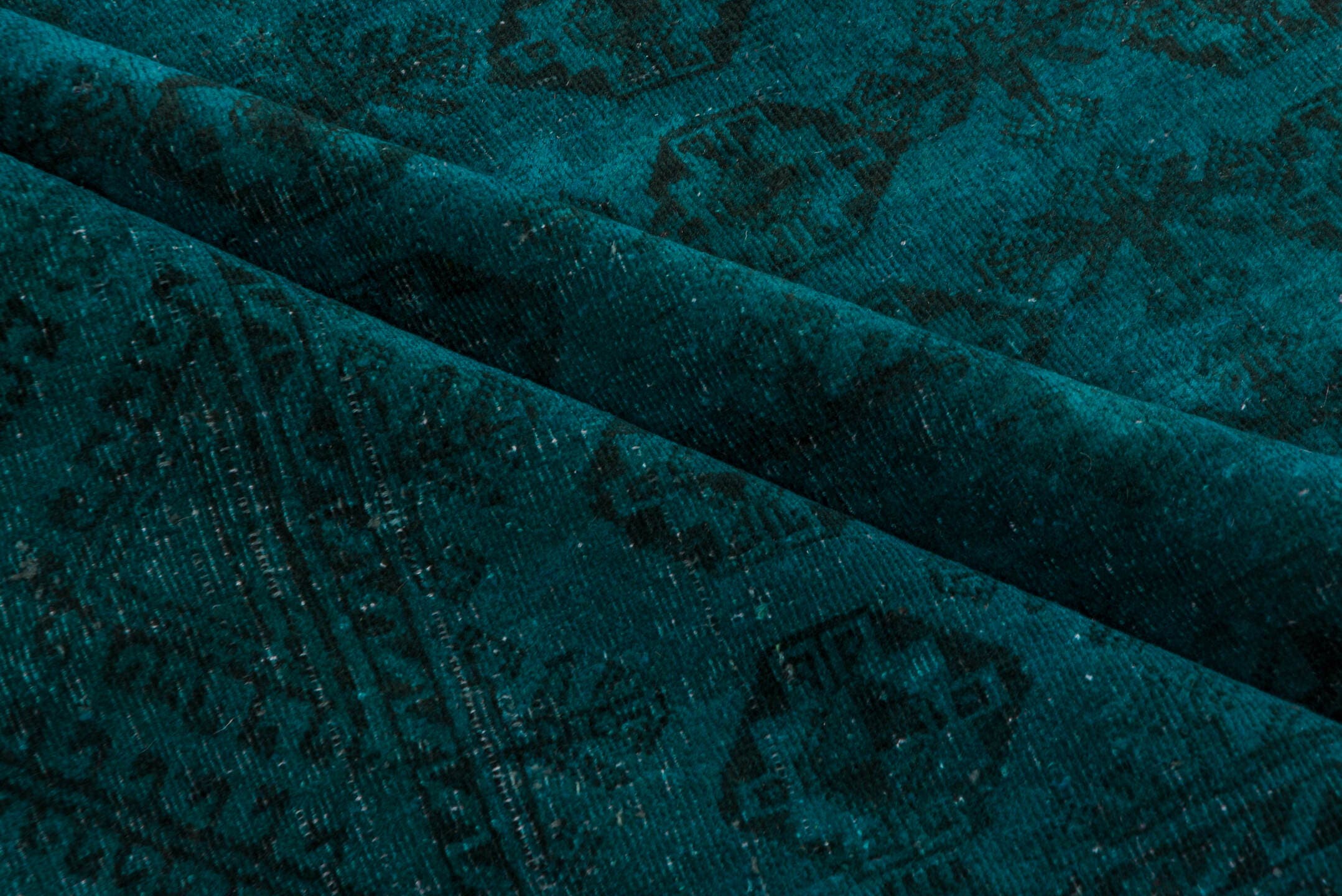 4' x 7' one-of-a-kind handmade antique Overdyed rug. Color palette: teal, peacock, charcoal, gray, black