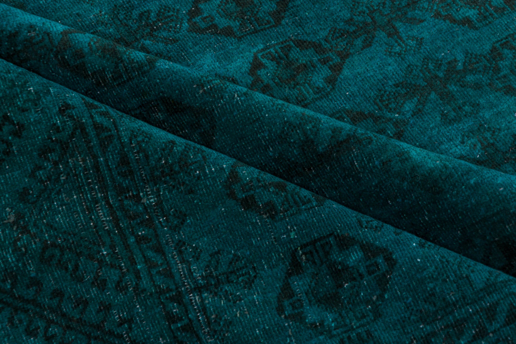 4' x 7' one-of-a-kind handmade vintage Overdyed rug. Color palette: blue, dark slate gray, gray, light gray, off-white