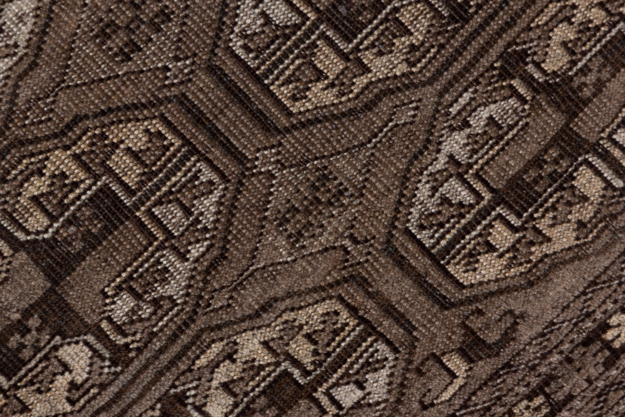 4' x 6' one-of-a-kind handmade antique Afghan small size rug. Color palette: brown, taupe, ivory, camel, charcoal, beige