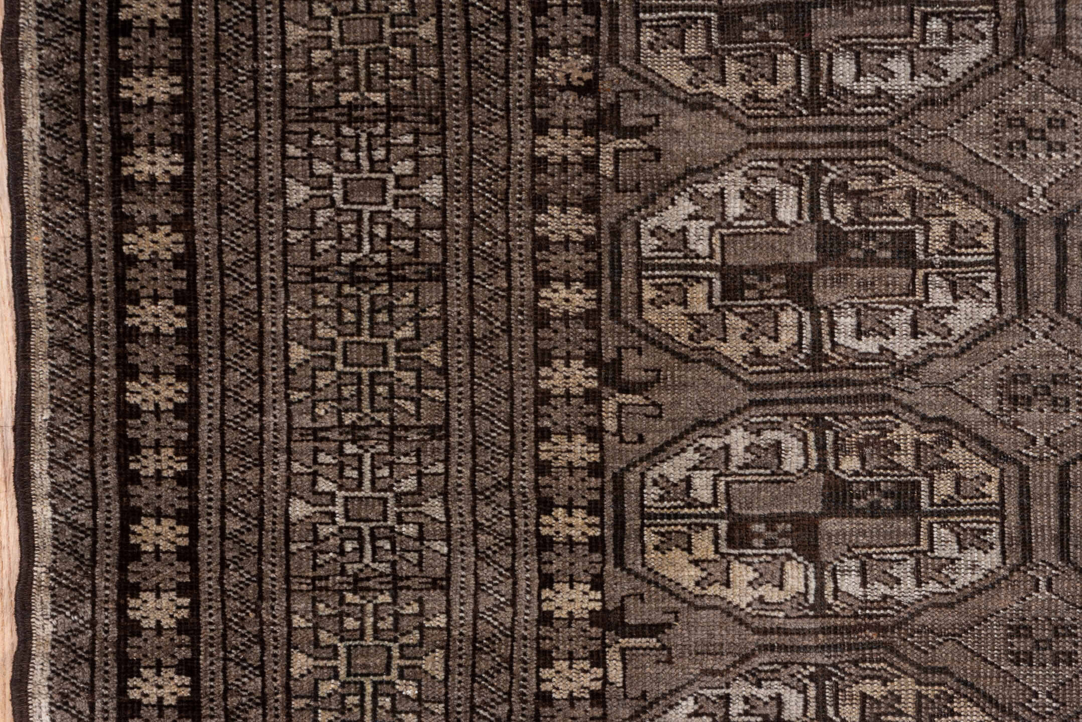 4' x 6' one-of-a-kind handmade antique Afghan small size rug. Color palette: brown, taupe, ivory, camel, charcoal, beige