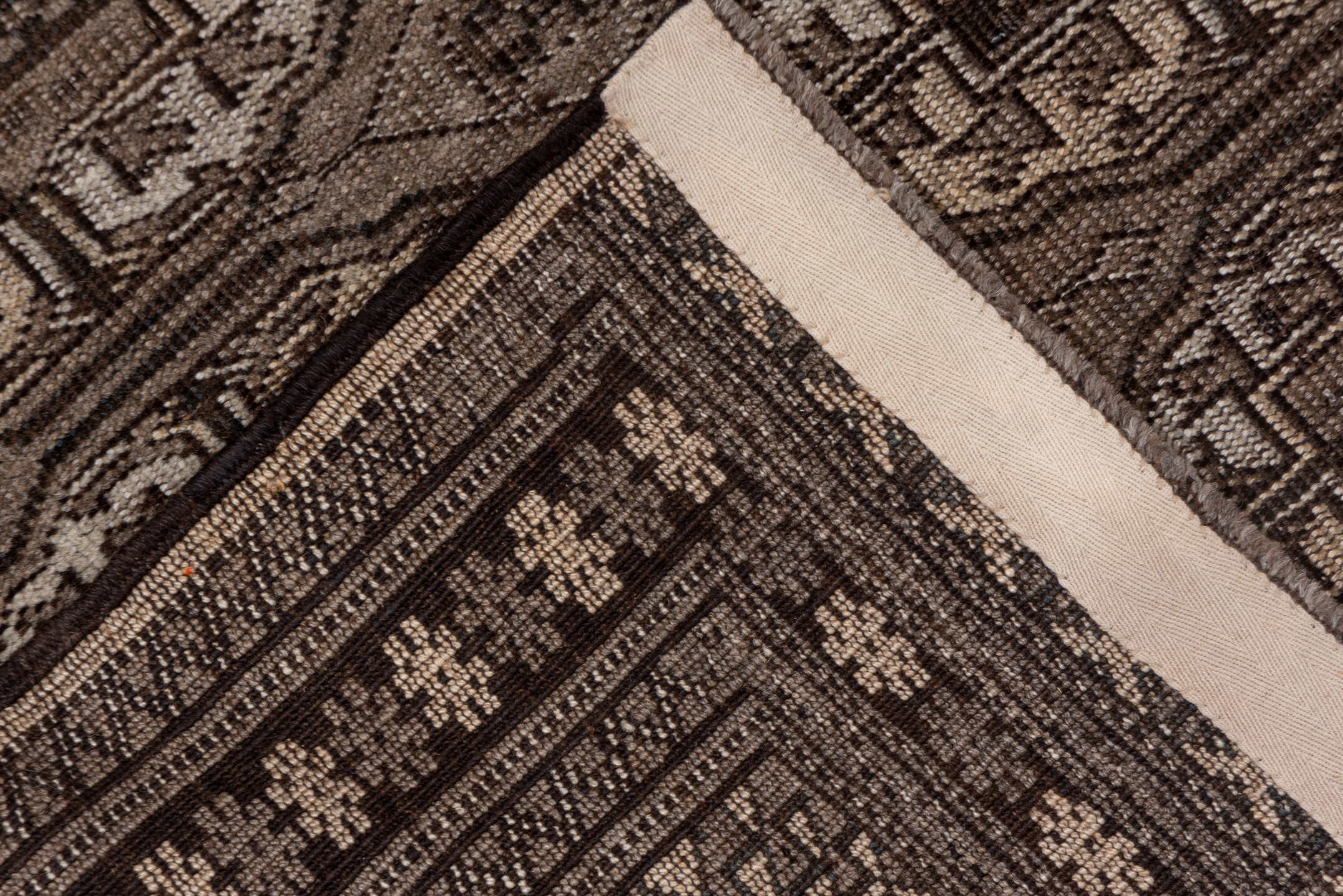4' x 6' one-of-a-kind handmade antique Afghan small size rug. Color palette: brown, taupe, ivory, camel, charcoal, beige