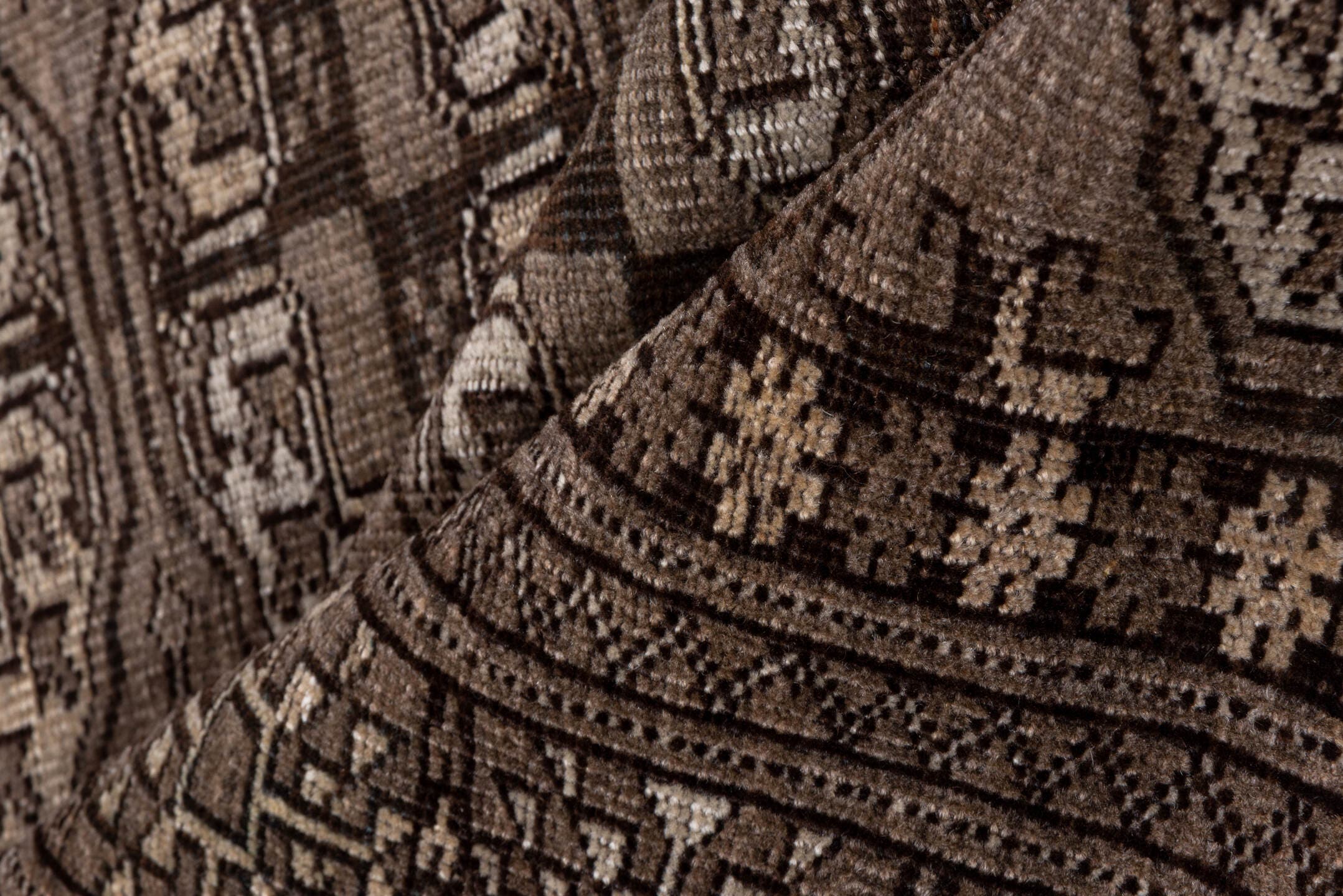 4' x 6' one-of-a-kind handmade antique Afghan small size rug. Color palette: brown, taupe, ivory, camel, charcoal, beige