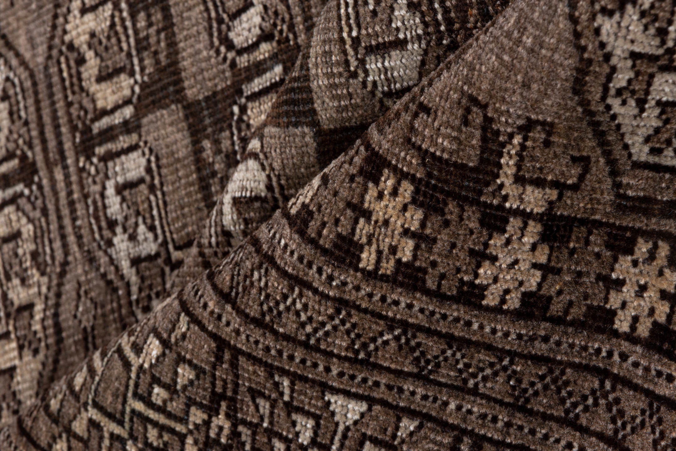 4' x 6' one-of-a-kind handmade antique Afghan small size rug. Color palette: brown, taupe, ivory, camel, charcoal, beige
