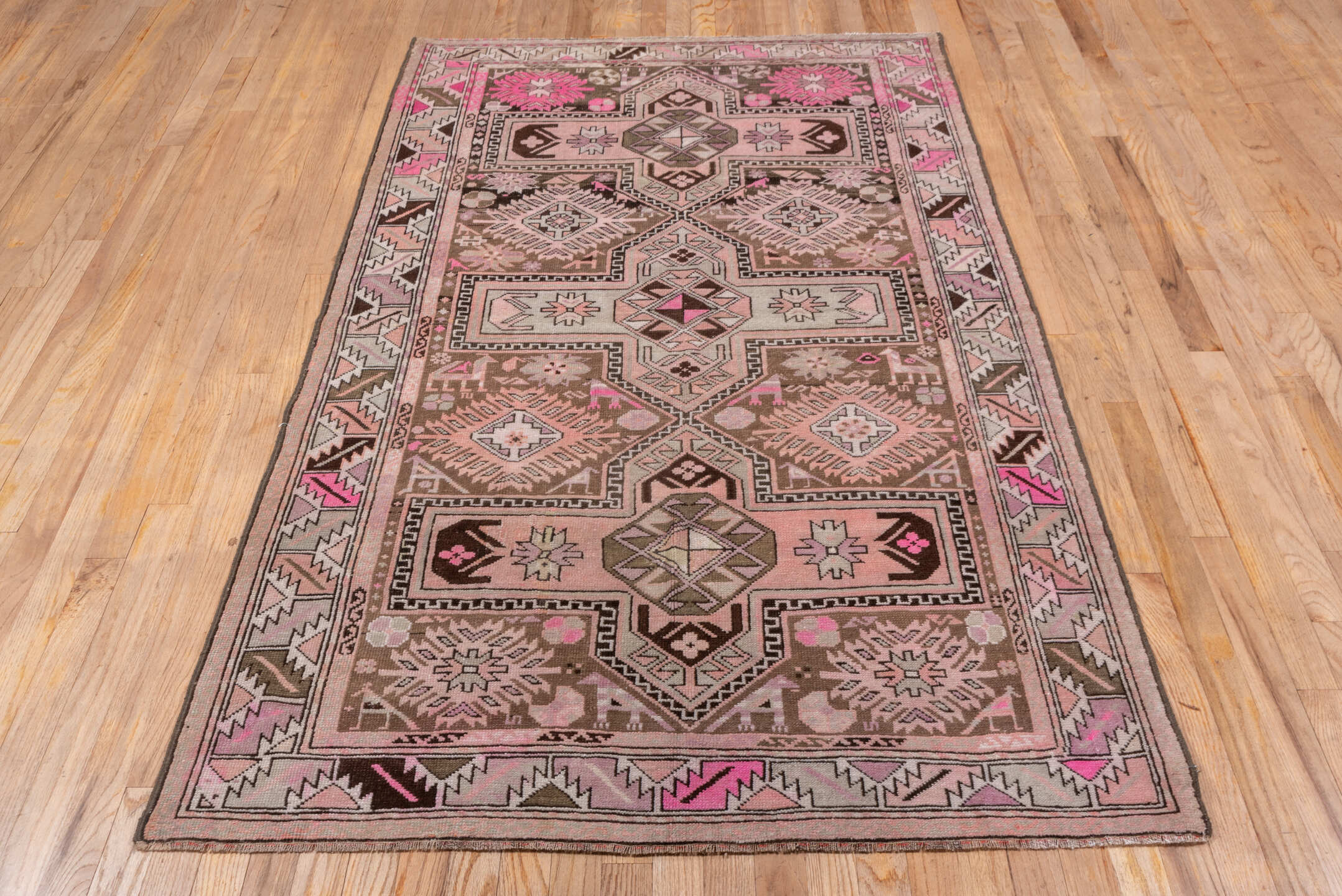 4' x 7' one-of-a-kind handmade antique Karabagh rug. Color palette: taupe, blush, brown, ivory, pink, charcoal, beige, gray