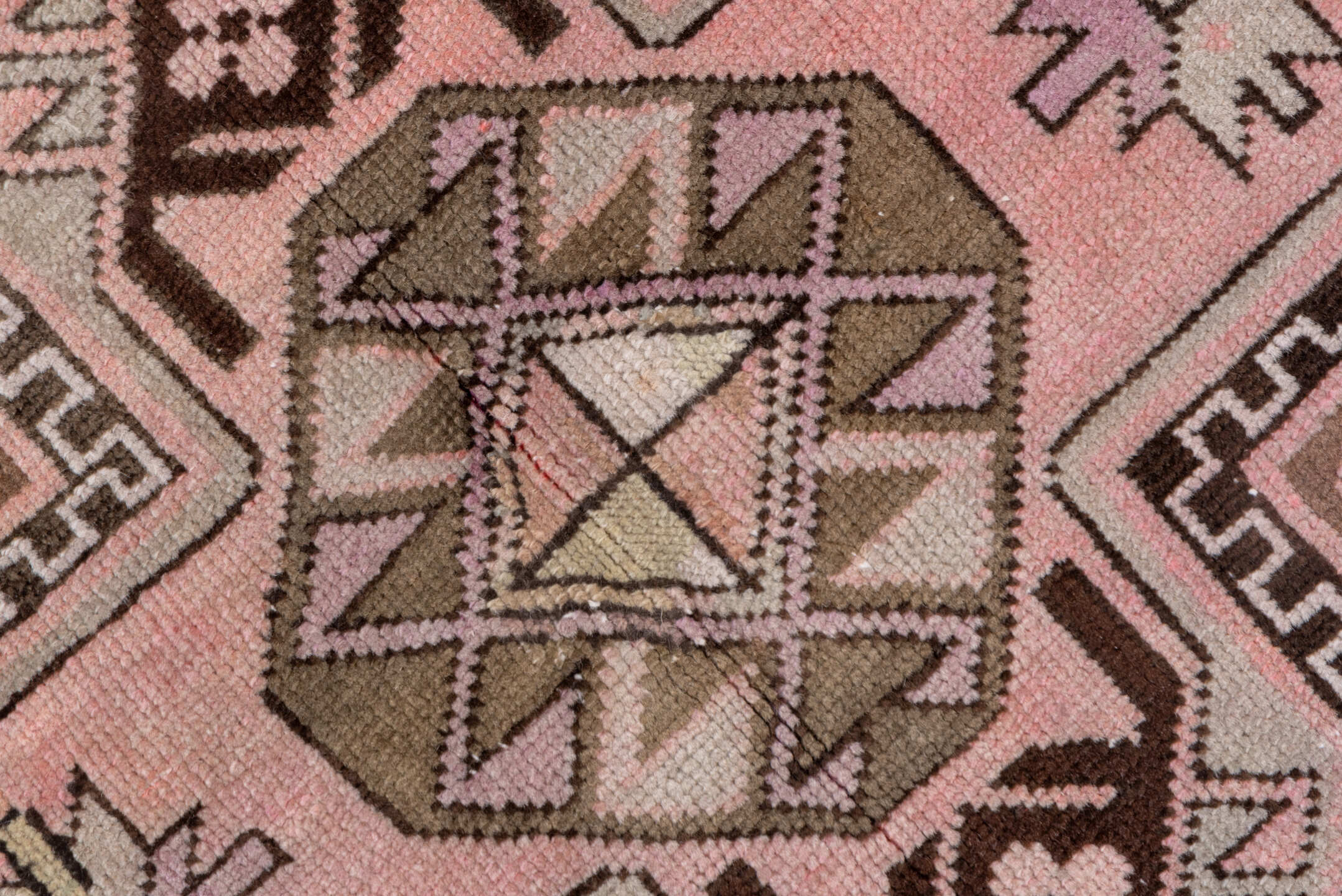 4' x 7' one-of-a-kind handmade vintage Karabagh rug. Color palette: brown, gray, pink, red, redwood