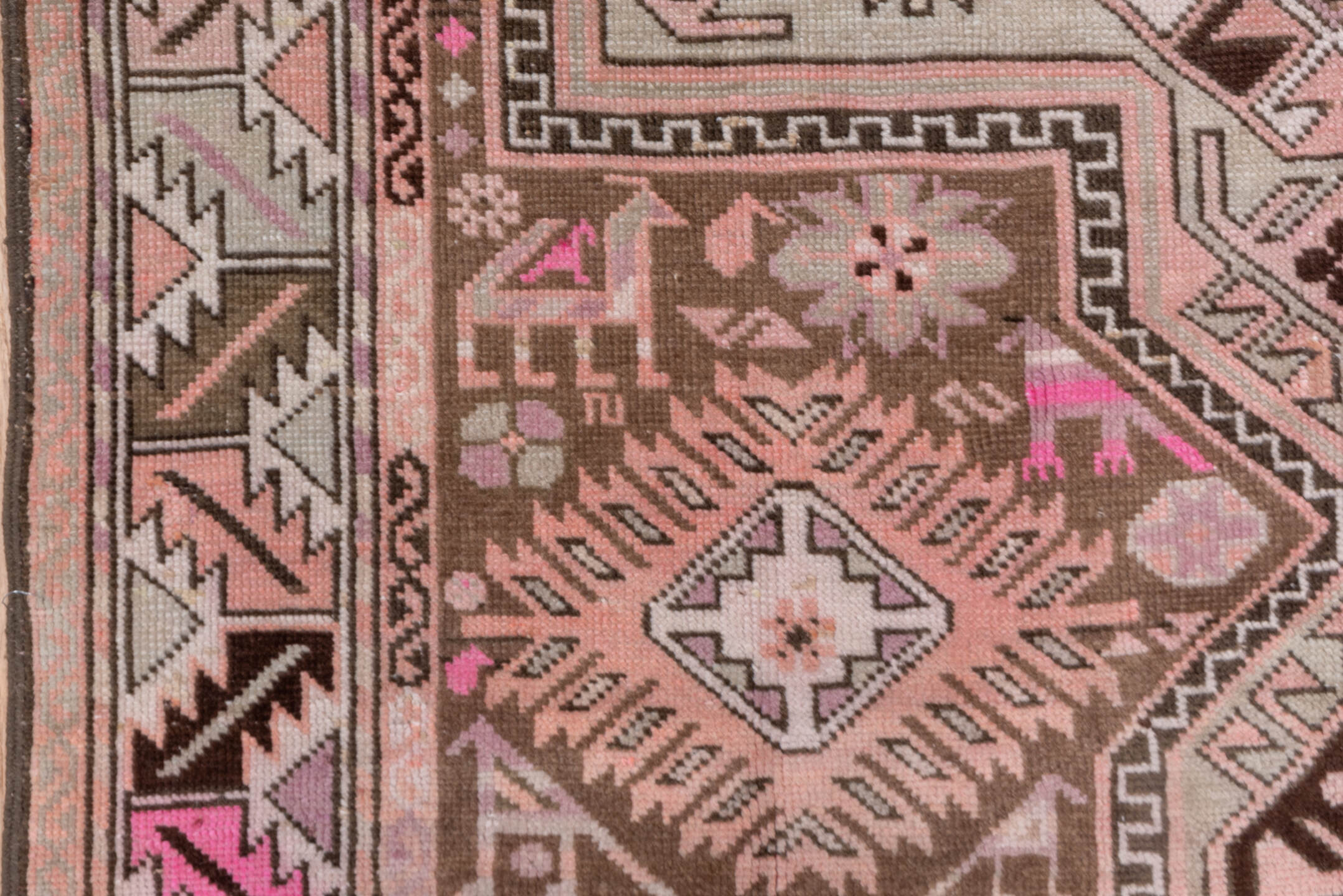 4' x 7' one-of-a-kind handmade vintage Karabagh rug. Color palette: brown, gray, pink, red, redwood