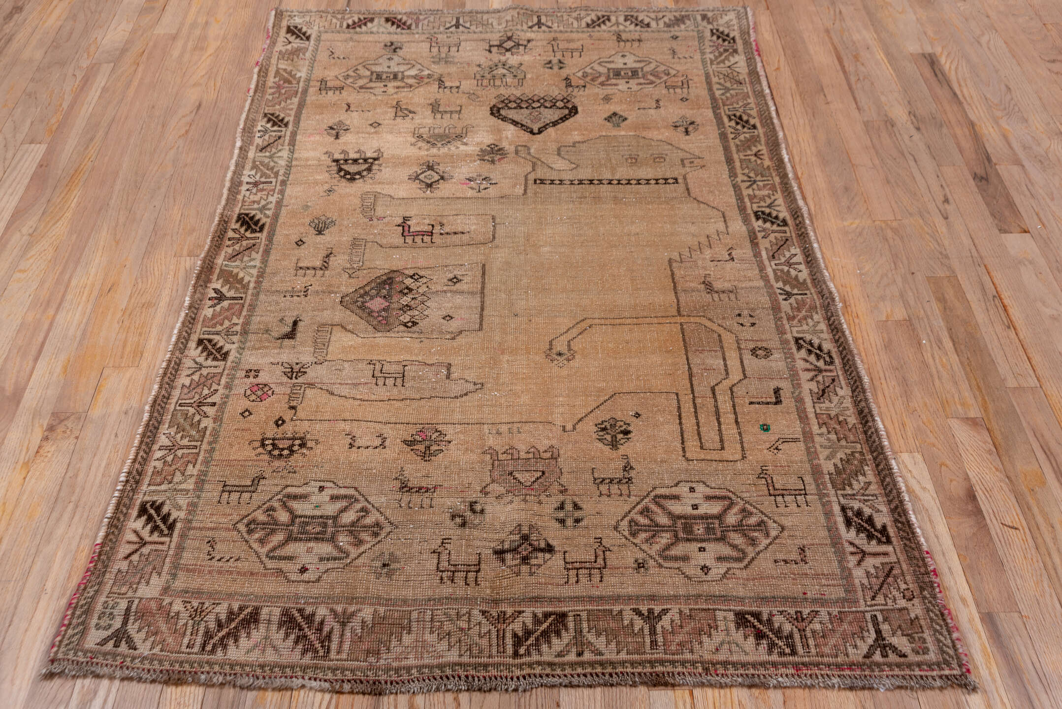 3' x 6' one-of-a-kind handmade antique Gabbe small size rug. Color palette: camel, taupe, brown, rose, ivory, charcoal