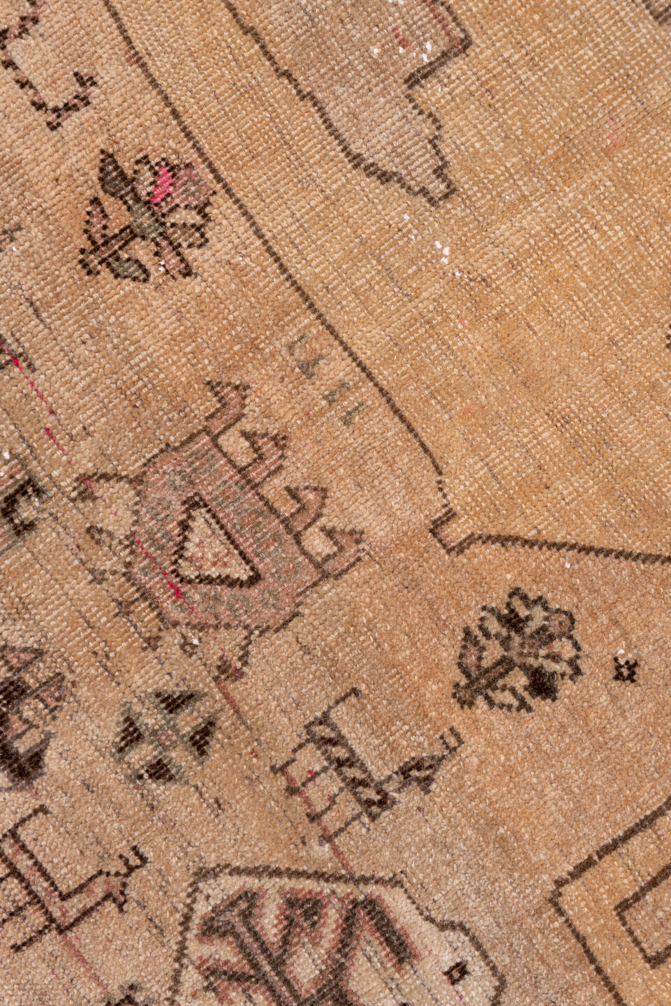 3' x 6' one-of-a-kind handmade antique Gabbe small size rug. Color palette: camel, taupe, brown, rose, ivory, charcoal