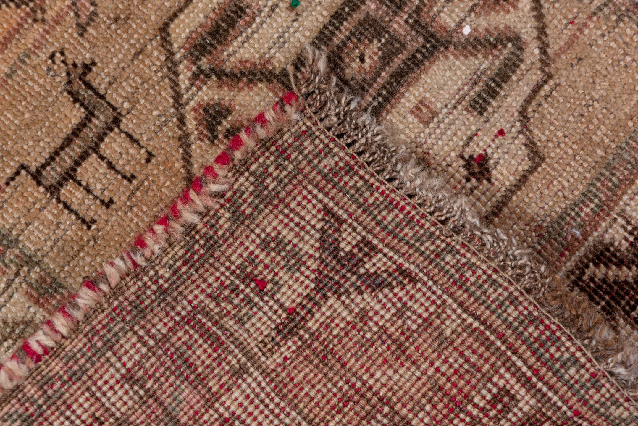 3' x 6' one-of-a-kind handmade antique Gabbe small size rug. Color palette: camel, taupe, brown, rose, ivory, charcoal